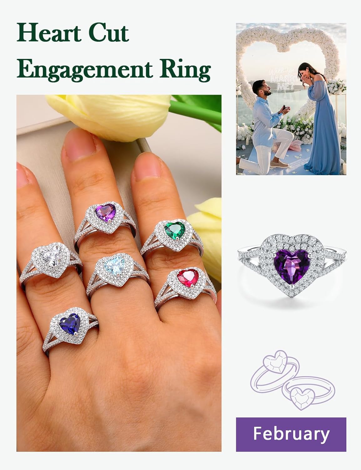 Birthstone Rings for Women 925 Sterling Silver Created Gemstone Cubic Zirconia Ring Heart/Pear/Round/Cushion/Emerald/Oval Engagement Double Halo Ring Size 6 to 10