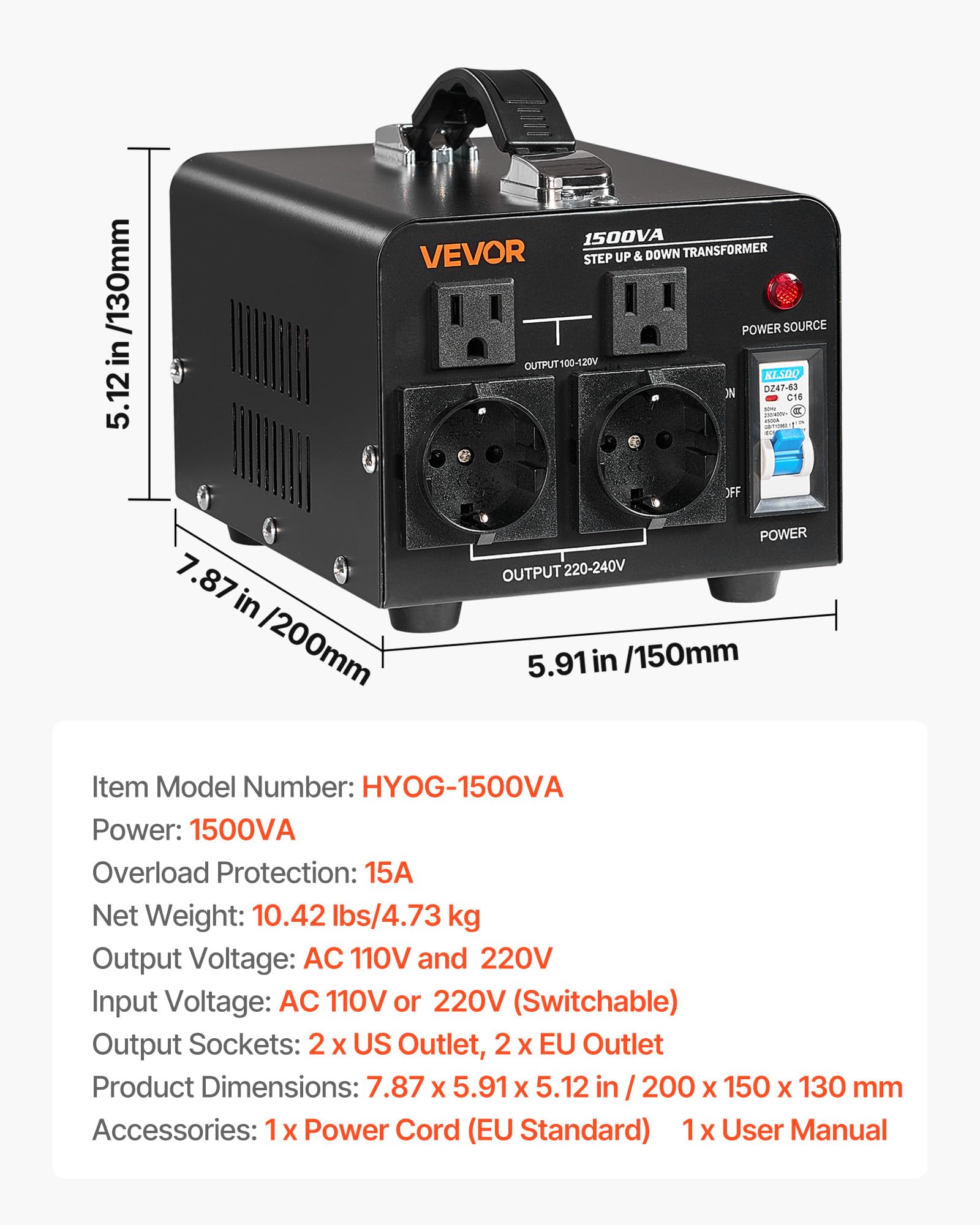 VEVOR Transformator napięcia podnośnika reduktora 220 V do 110 V i 110 V do 220 V, 1500 VA, z wtyczkami amerykańskimi i UE, kablem zasilającym, ochroną przełącznika 15 A
