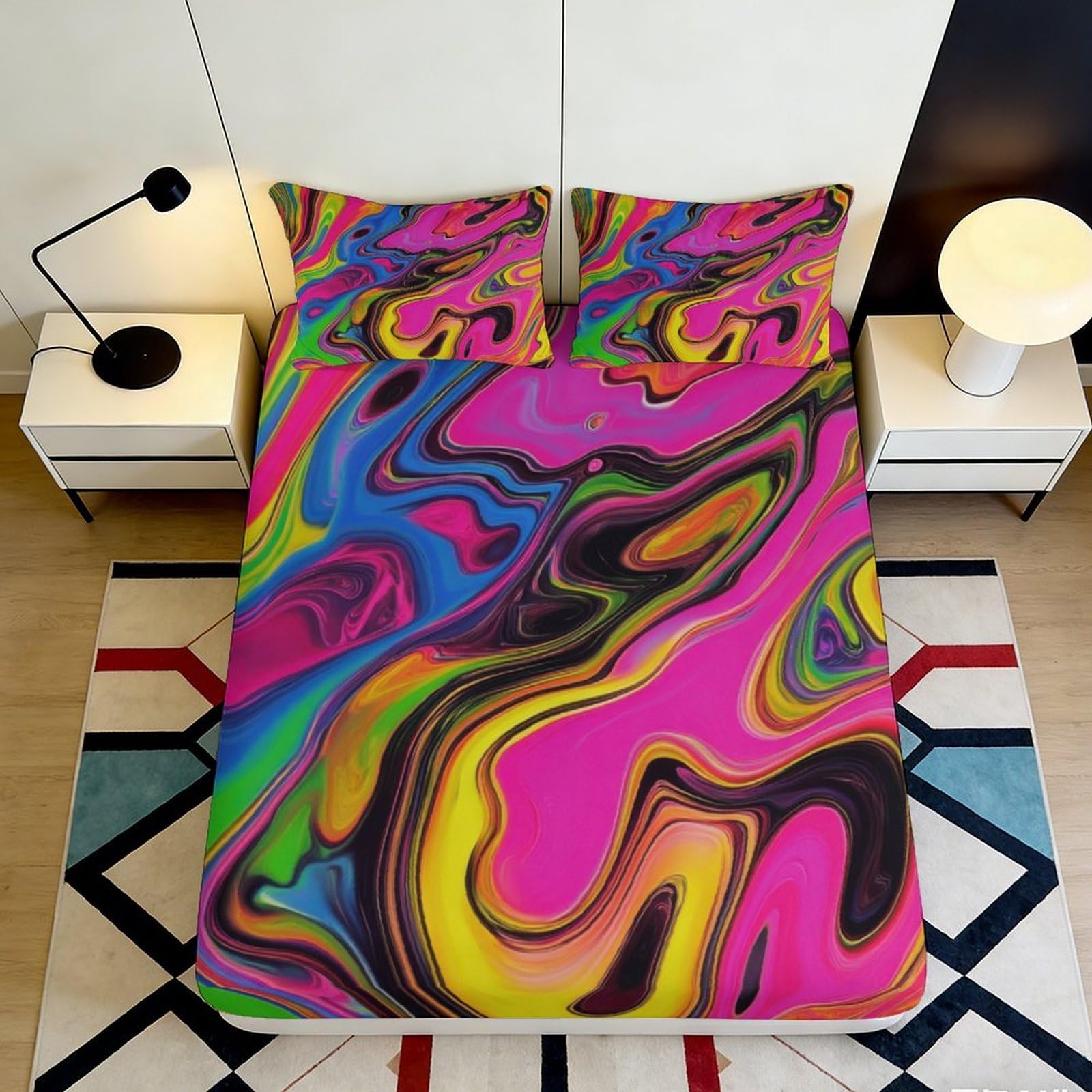 3D Printed Colorful Abstract Fitted Sheet Microfiber Soft Breathable Vibrant Swirl Bed Cover for Bedroom Dormitory Guest Room Mattress Protection Decor 180x200x25cm