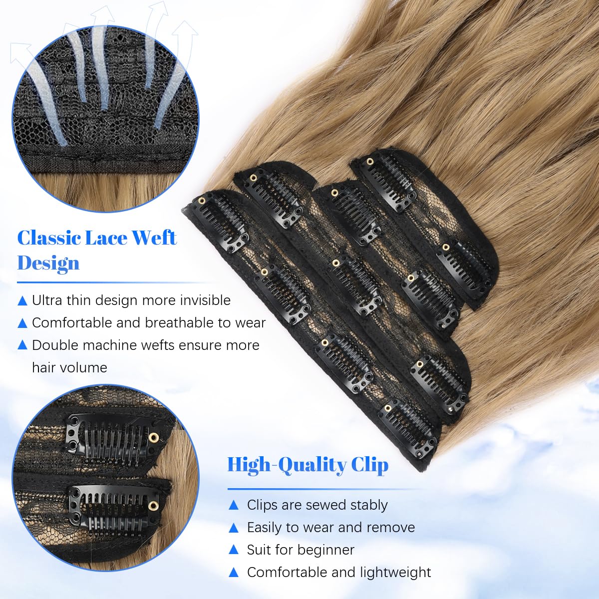 JIAMEISI Clip in Hair Extensions 4PCS Full Head Long Wavy Hair Extensions Synthetic Fiber 22 Inch 200g Clip in Thick Hairpieces for Women/Girls (#22 Dark Golden Mixed Beige Blonde) - Image 4