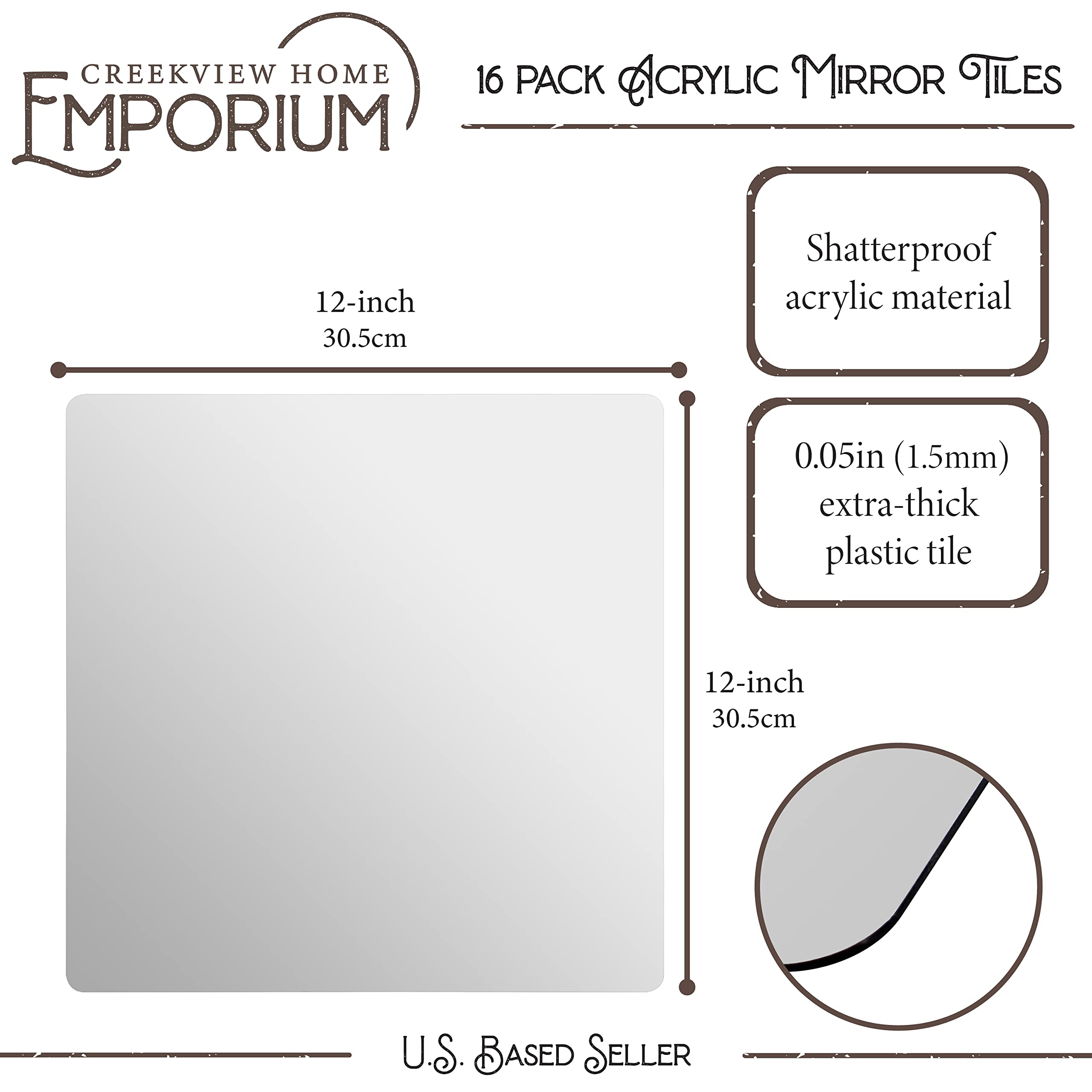 Creekview Home Emporium Wall Mirror Tiles Self Adhesive 16 Pack for Living Room, Gym, Nursery Decor - 12x12 Inch Cuttable Acrylic Square Mirror Tiles Compatible with Cricut Maker and Silhouette Cameo