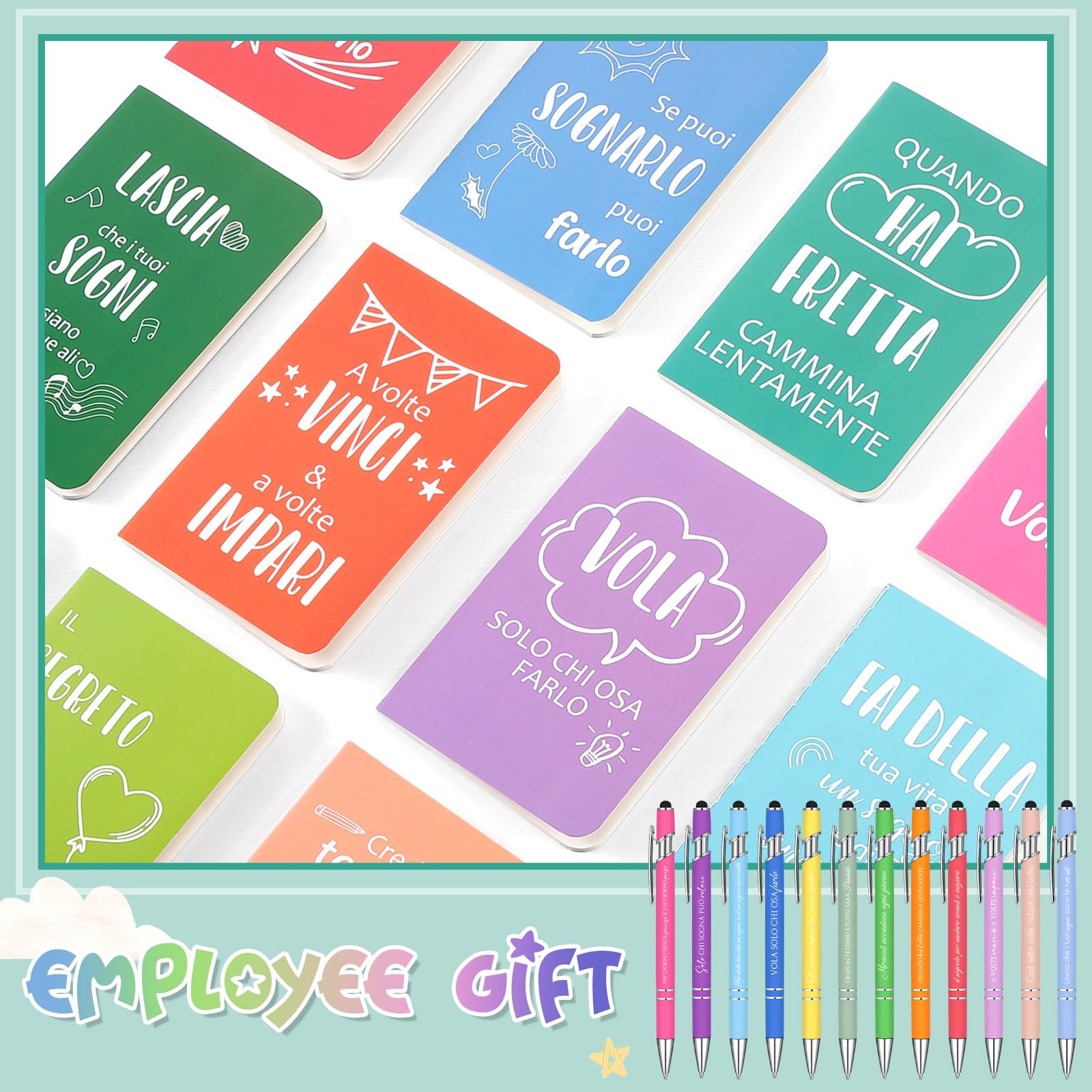 Sinmoe 24 Set 48 Pezzi Regalo Motivazionale per Colleghi Regalini Economici per Colleghi 24 Penne con Frasi Motivazionali 24 Taccuini Motivazionali Regalo per Alunni Studenti Insegnante, 12 Stili