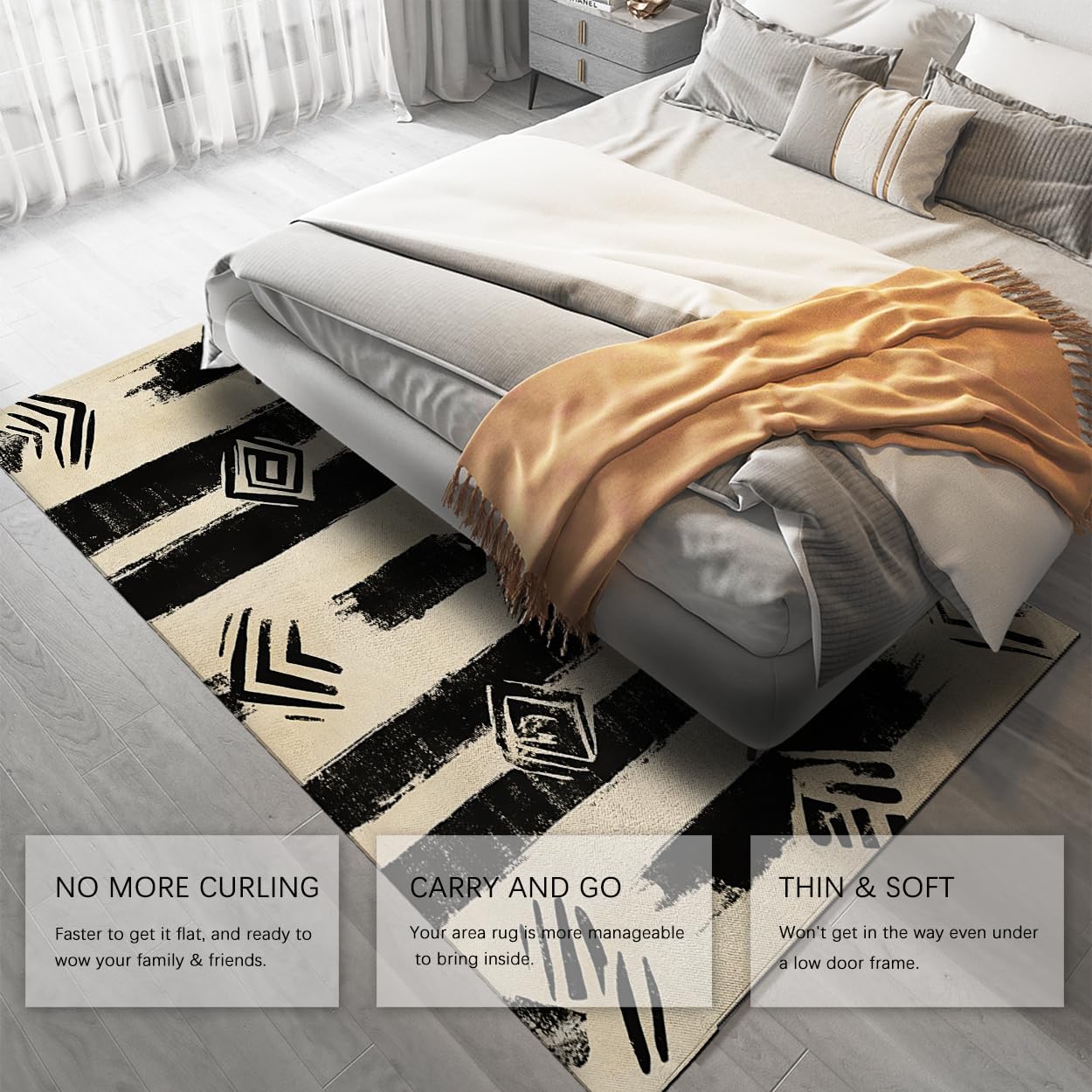 Tapis Noir Blanc 200x300 Tapis pour Le Salon antidérapant Lavable rayés rétro pour Zones très fréquentées géométrie Abstraite Moquette bohème Douce pour Chambre Bureau étude Salle Manger