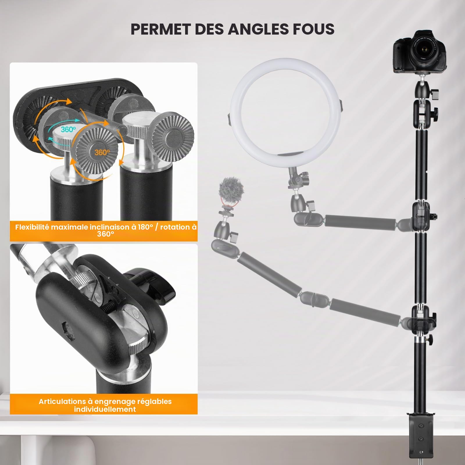 TARION Trépied supérieur Support de Bureau pour caméra Bras articulé Flexible à 360° avec vis de 3/8'' et vis de 3/8'' à 1/4'' pour appareils Photo Reflex numériques Anneau Lumineux de projecteur (M)