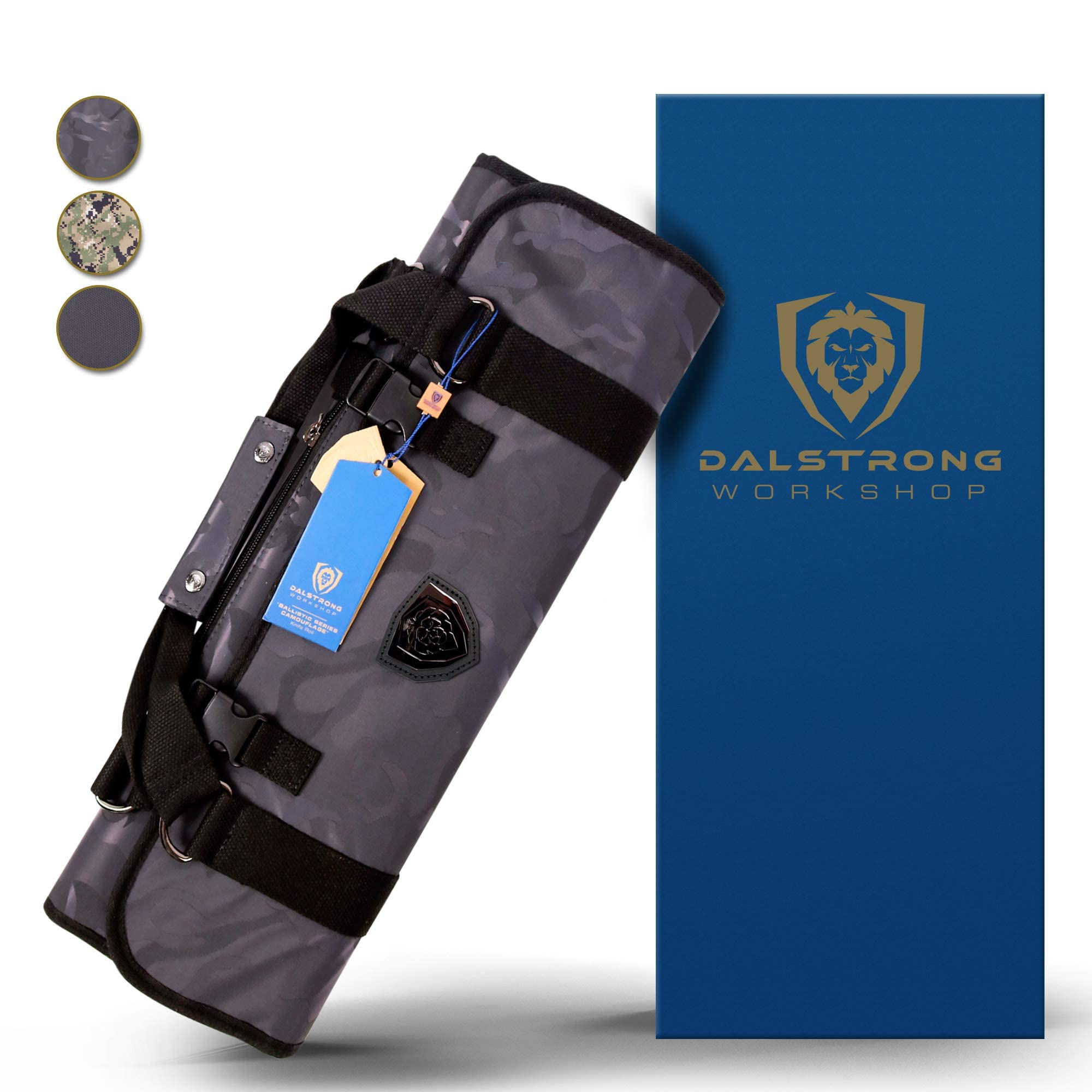 DALSTRONG - Ballistic Series Knife Roll - Premium Ballistic Nylon & Top Grain Leather Roll Bag - 22 Knife Slots - Interior and Rear Zippered Pockets - Blade Travel Storage/Case (Dark Camouflage)