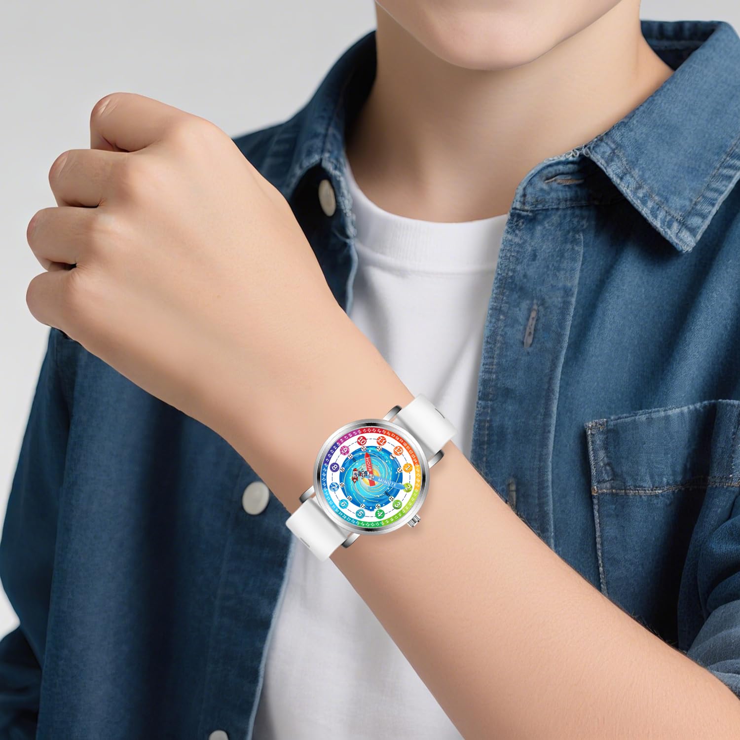 Orologio per bambini – Orologio per bambini – per ragazzi e ragazze dai 7 ai 10 anni, 8 – 12 anni, astronauta, strumento didattico a tempo, colorato bianco