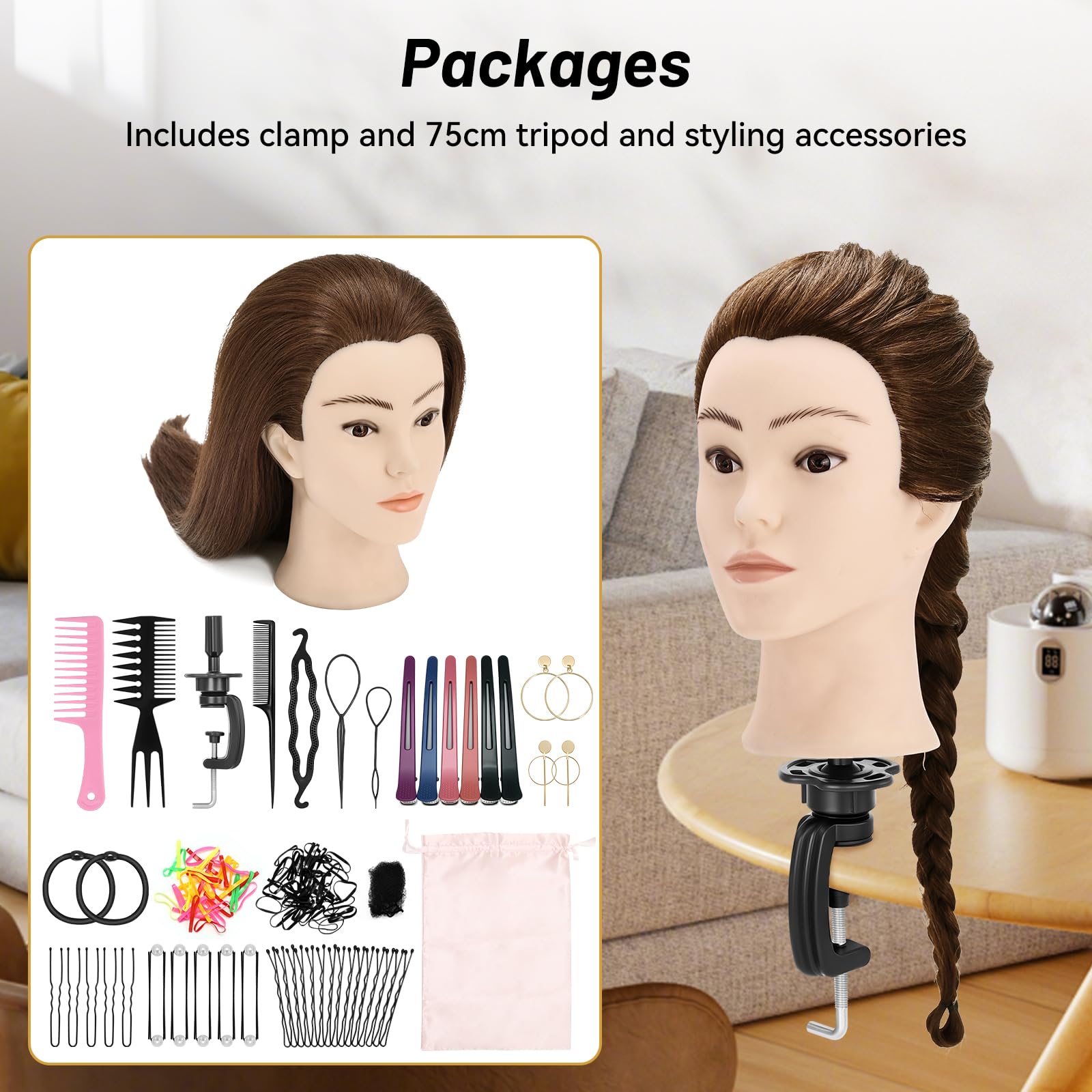 Frisierkopf, Frisierkopf mit 90 % Echthaar, 61 cm, Puppenkopf für Haarstyling, Kosmetologie und Training, Stylingkopf mit Tischklemmenhalter, Braun
