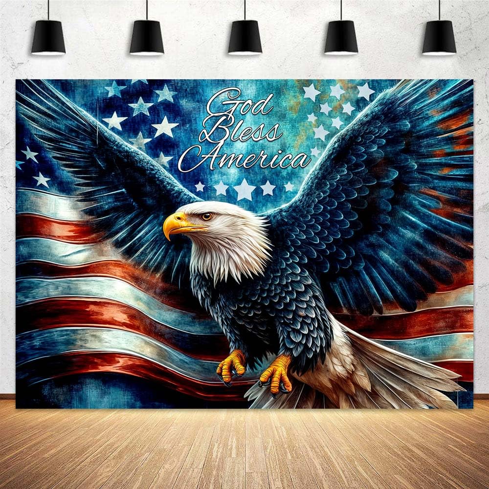 10x8ft 4th of July Patriotic Backdrop Veterans God Bless American USA Flag Independence Eagle Stars Stripes Flag Background Memorial Day Party Decor