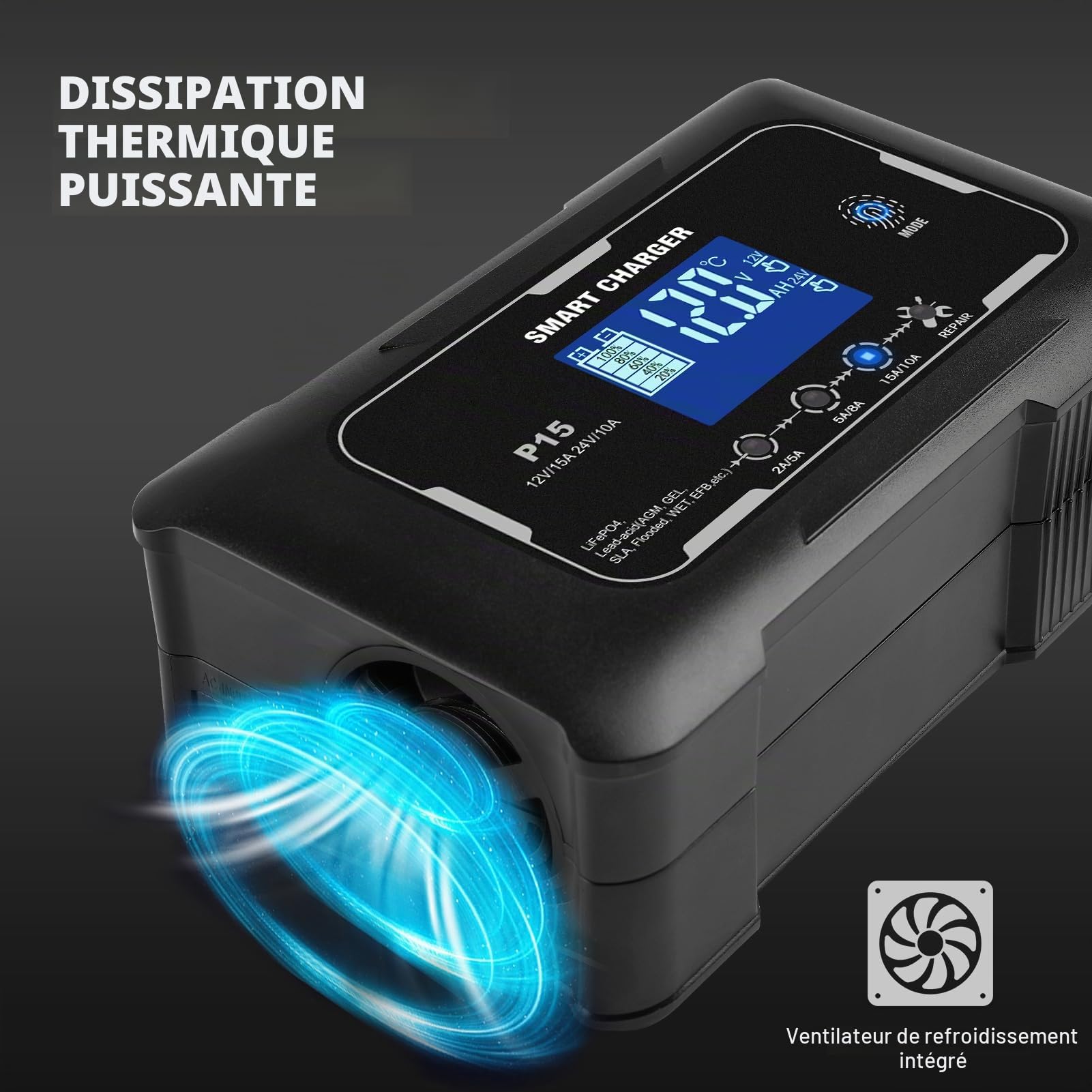 Haisito Chargeur de batterie de voiture 15 A/10 A, 6 V/12 V/24 V, convient pour les motos, tondeuses à gazon, bateaux, etc.
