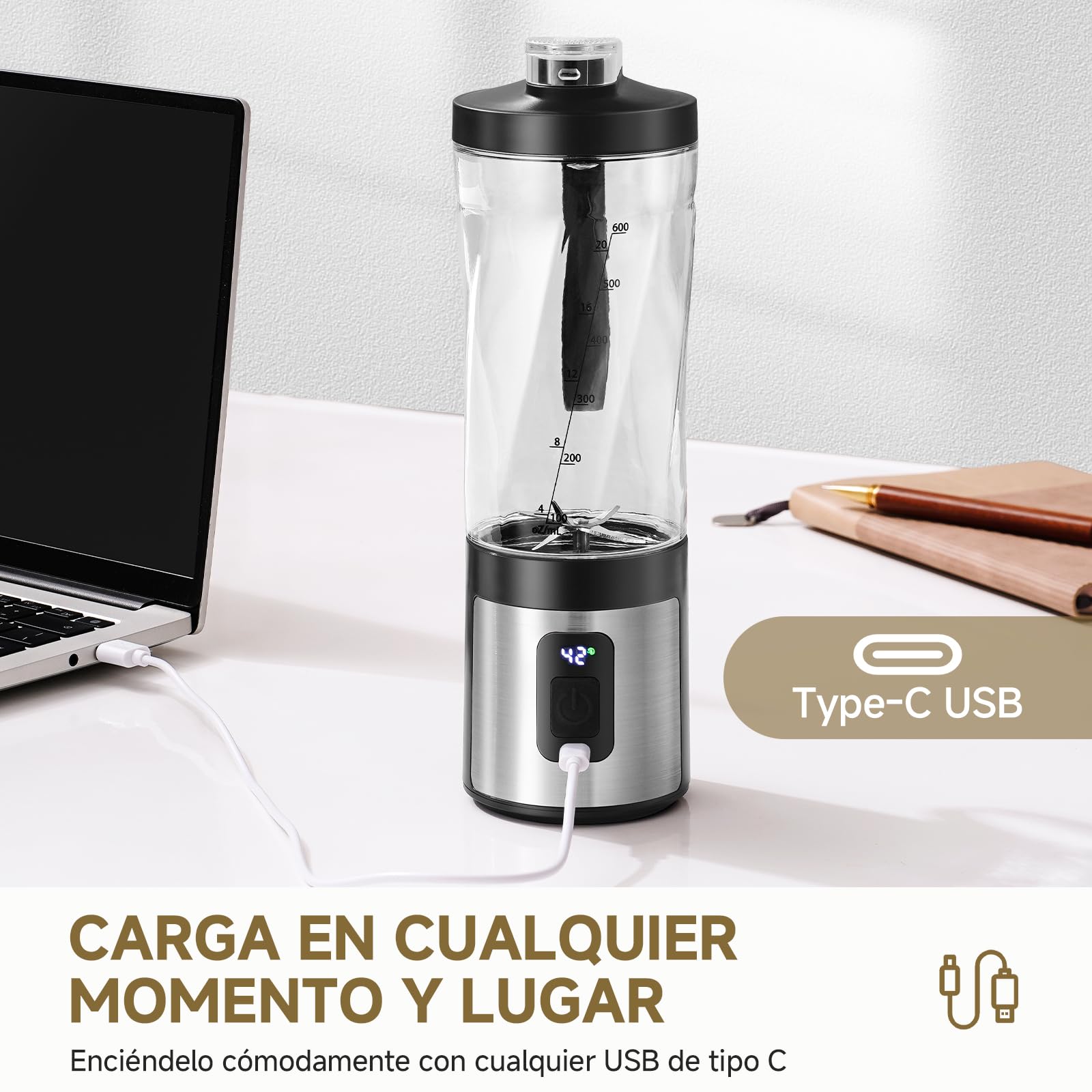 AMZCHEF Batidora portátil de 600 ml – Smoothie Maker con 6 cuchillas, motor de 120 W para llevar, carga rápida a través de USB-C, IPX6 resistente al agua, sin bisfenol A, mini batidora para batidos