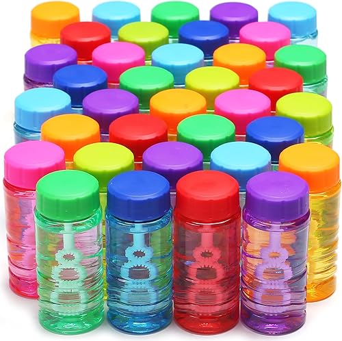 Miniatura 7 de Paquete de 48 botellas de burbujas con varita unida a la tapa (8 colores), juego de burbujas a granel para recuerdos de fiesta de niños, juguete de