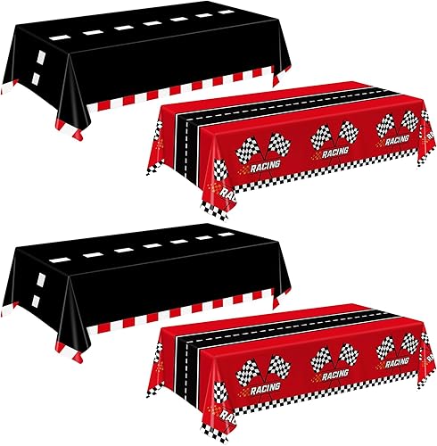 Oigco 4 manteles de plástico de automóvil de carreras, decoración de fiesta de cumpleaños de auto de carreras, mantel rectangular de carreras, funda