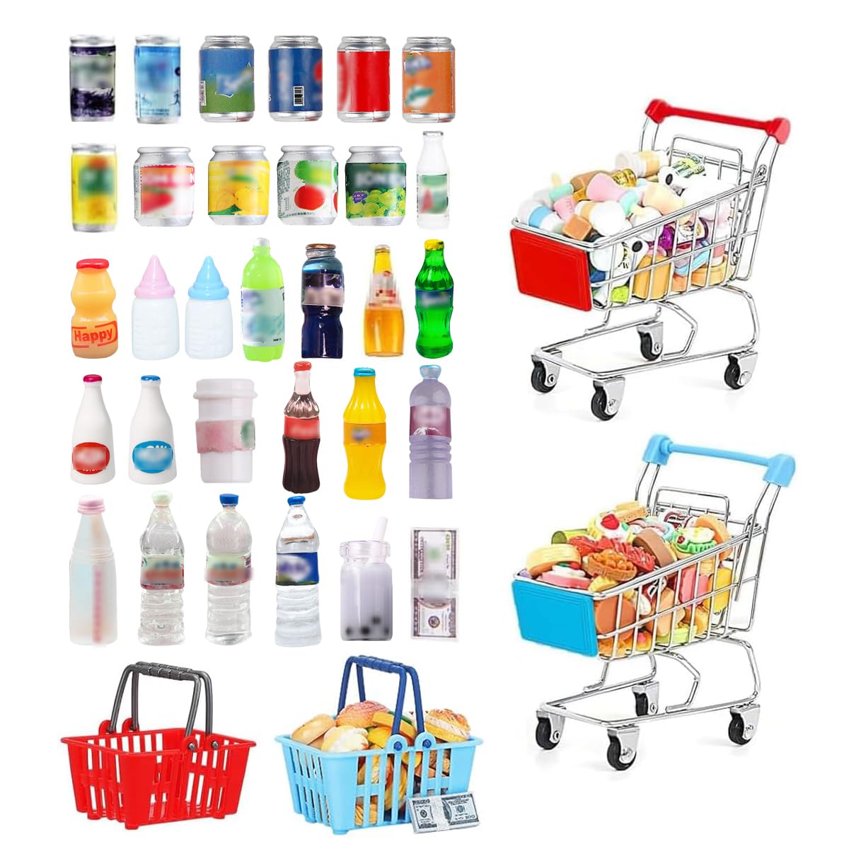 135Pcs Mini Shopping Cart Basket Miniature Food Drink Toy Supermarket Metal Handcart Dollar Bills Toys Dollhouse Store Grocery Accessories Kitchen