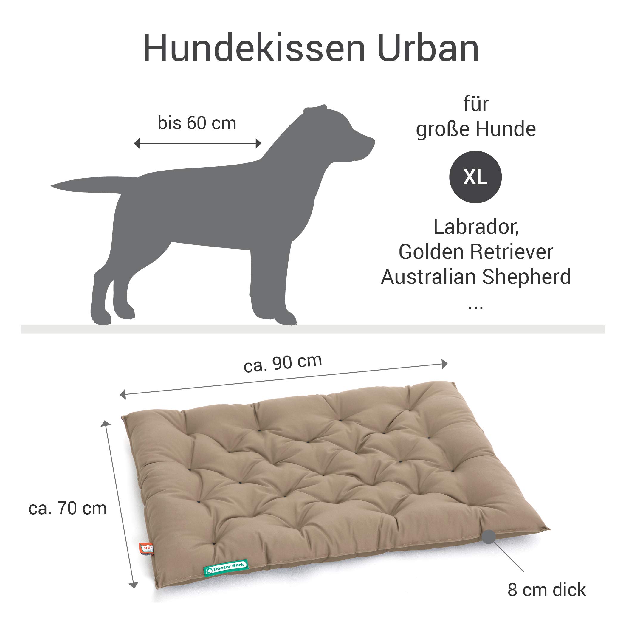 Doctor Bark Hundekissen Urban - orthopädisches Hundebett - waschbar bis 95°C - robuste Indoor - Outdoor Hundematratze - Made in Germany (XL - 90x70 cm, Goldbraun)