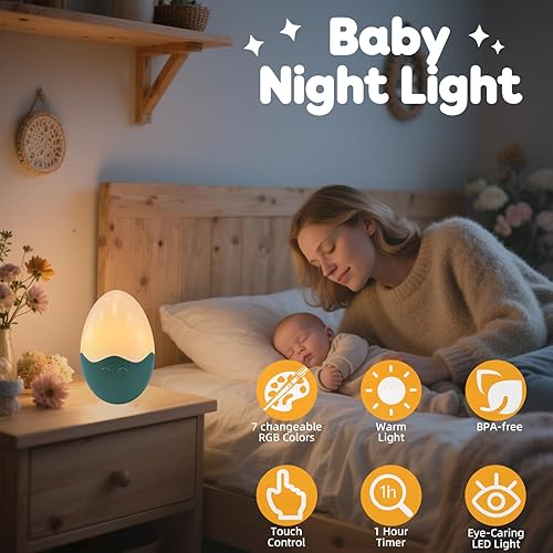 Miniatura 3 de Anern Luz nocturna para niños, luz de huevo para guardería con 7 colores cambiables, luz nocturna portátil para bebés (verde)
