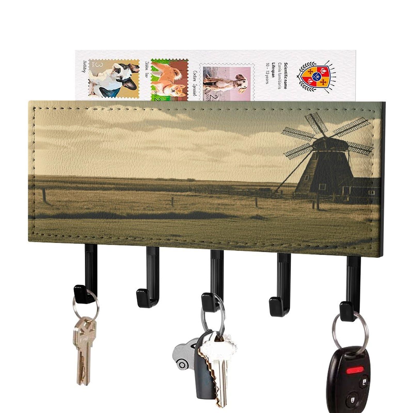 Vintage Black Windmill on The Prairie Key Holder Wall Mount Key Hanger with 5 Hooks Decorative Key Rack Hanging Key Hooks with Mail Organizer Key Holder for Wall Living Room Kitchen Bathroom Hallway B