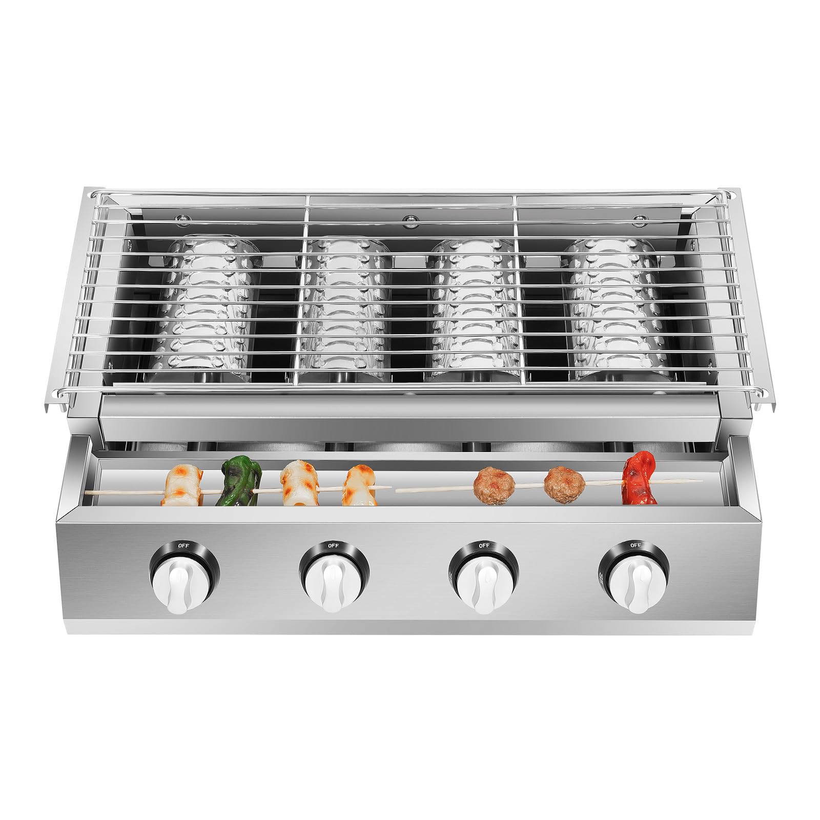 Barbecue à gaz professionnel en acier inoxydable avec grille de cuisson, hauteur réglable, barbecue à gaz amovible, 4 brûleurs, pour camping, balcon, jardin