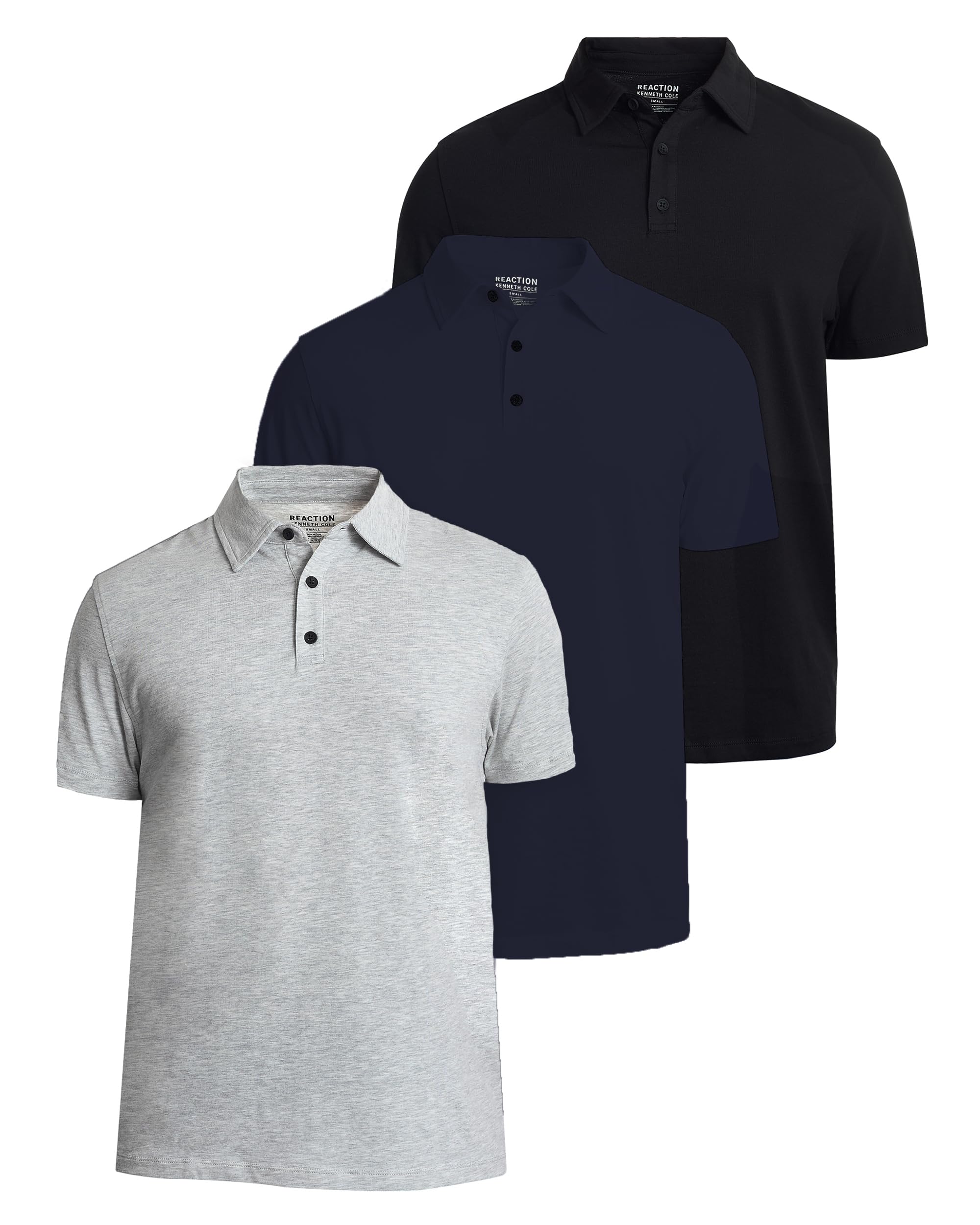 Kenneth Cole REACTION Polo Shirts for Men 3 Pack, UPF 50+ Men's Polo Shirts Short Sleeve (Black/HTGRY/Navy, XX-Large)