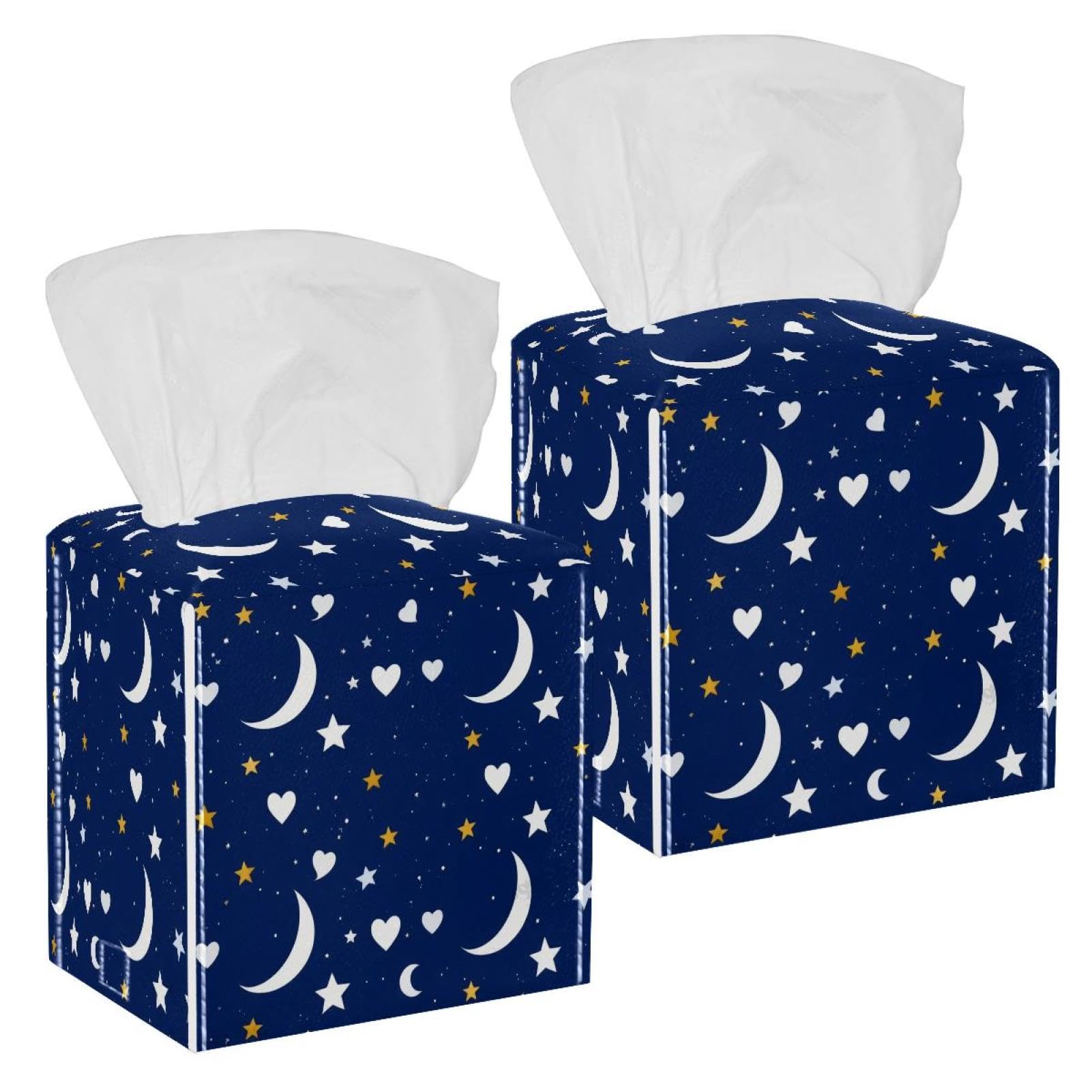 Artistic Stars Tissue Box Cover, 2 Pack PU Leather Square Facial Tissue Dispenser Box holder for Home Office Car