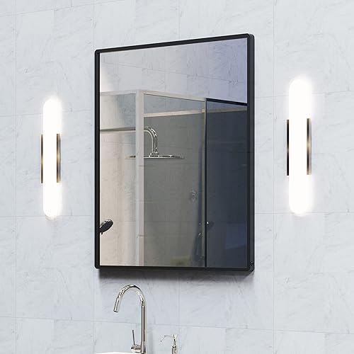Miniatura 7 de WONSTART Espejo de baño con estante, espejo de pared rectangular negro, marco de metal, colgante horizontal o vertical (24 x 20 pulgadas)