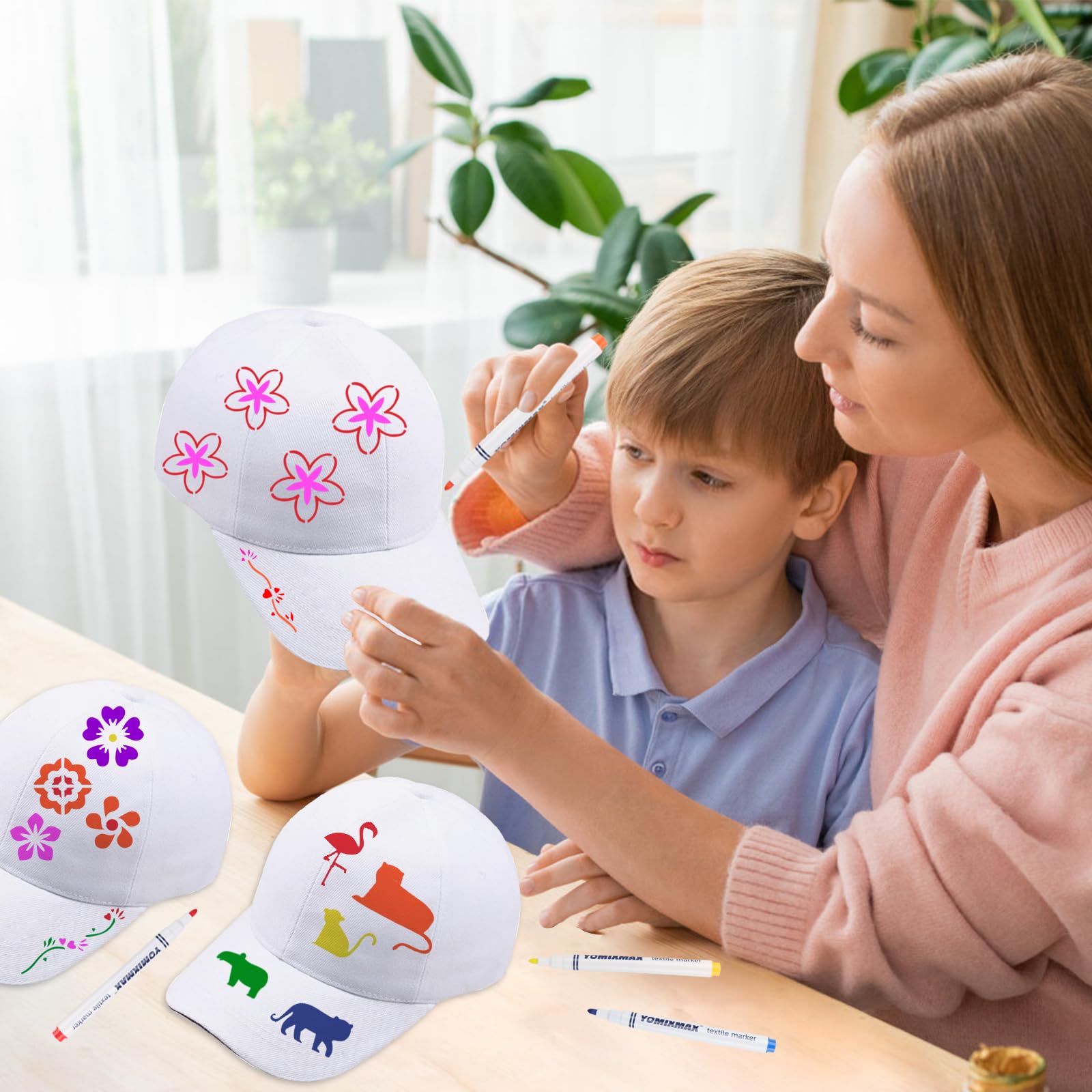 goubinZH 4 Pieces DIY Kids Baseball Cap White Cotton Blank Art Painting Hat Adjustable Casual Beach Sun Hats with Colored Sticks Painting Templates and Box for Children Outdoor Sports Activities Camp - Image 4