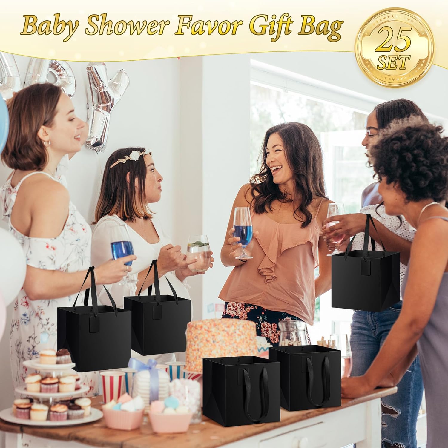 Windyun 25 Pcs Paper Gift Bags with Handle 10 x 10 x 10'' Square Small Favor Bag with DIY Thank You Tag for Birthday Wedding Bridal Shower Bridesmaid Graduation Party (Black) - Image 5