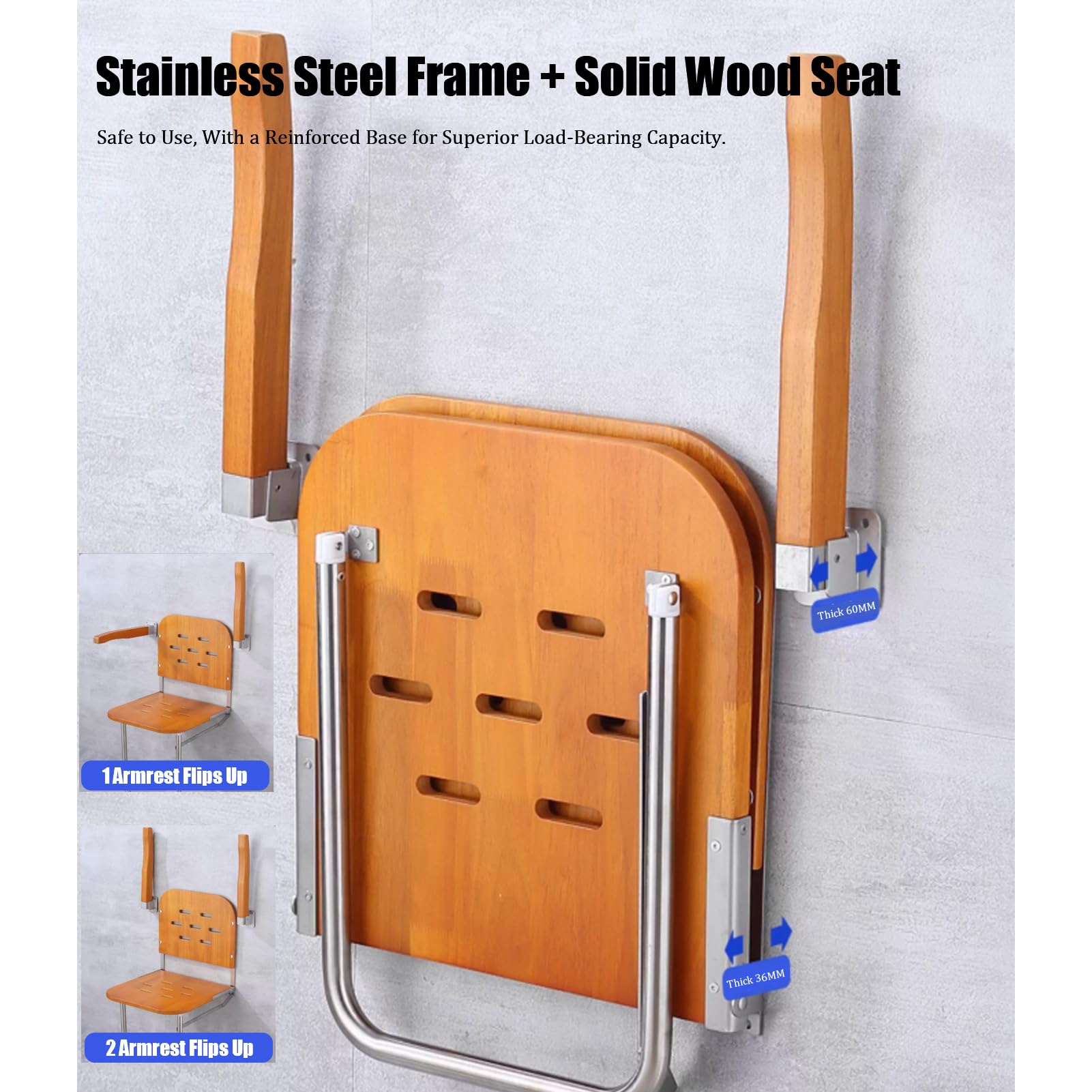Asiento De Ducha Abatible De Pared, Silla Plegable para Ancianos De Madera Y Acero Inoxidable Antideslizante Taburete Baño Banqueta Ducha para Personas Mayores Minusvalidos Adultos (Dark Wood)