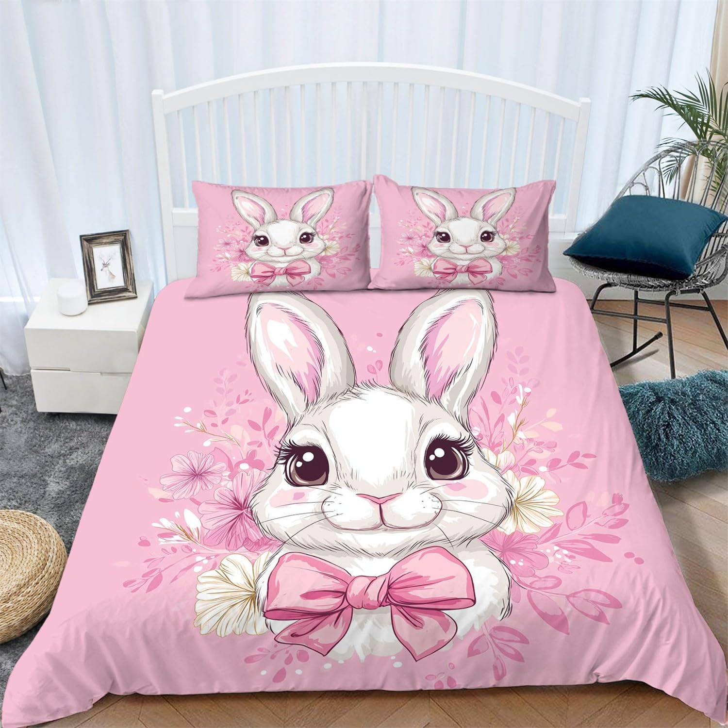 Nadruk Zestaw poszewek na kołdrę, uroczy kreskówkowy, głowa królika, zestawy pościeli z poszewkami na poduszki 260 x 220 cm, polibawełna, luksusowe poszewki na kołdrę dla chłopców - zestaw pościeli