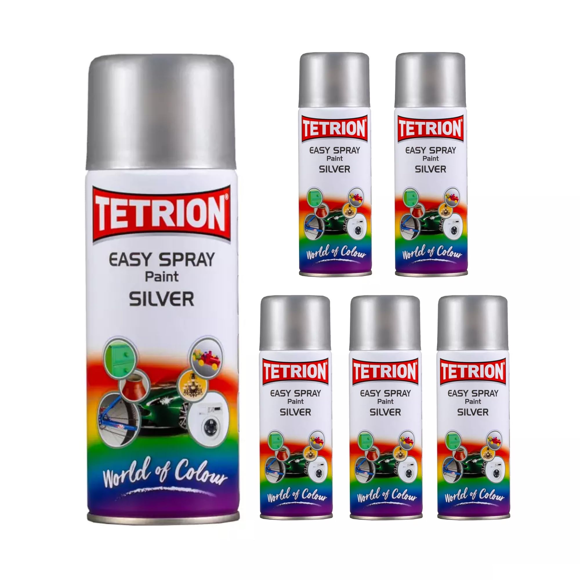 Tetrion Easy Spray Paint - Silver 13.5 oz (Pack of 6) – Multipurpose Fast-Drying Metallic Acrylic Spray Paint for Metal, Wood, Plastic &amp; Ceramic – Indoor/Outdoor, 400ml