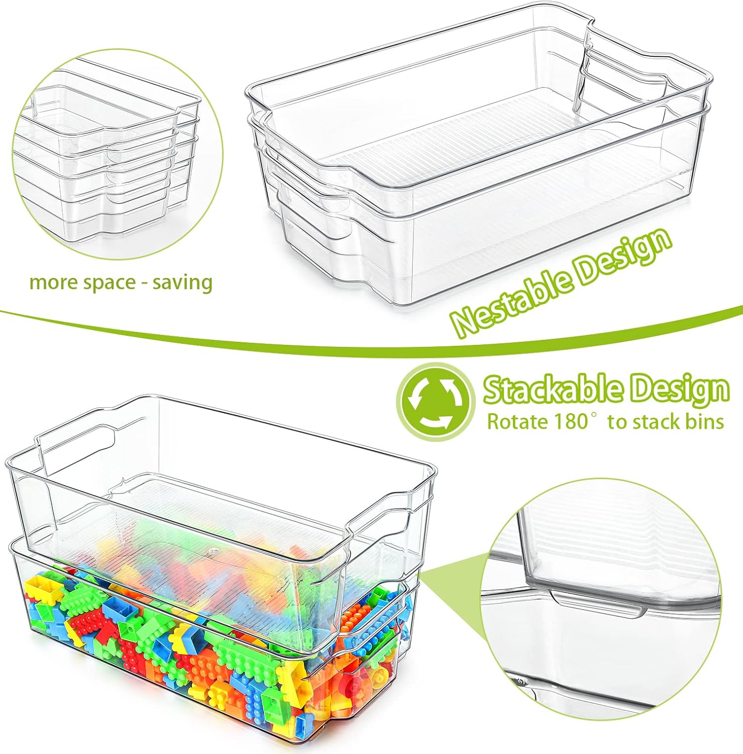 Refrigerator Organizer Bins Set of 4, Paincco Stackable Clear Plastic Food Storage Bins with Handle for Freezer, Cabinets, Fridge, Kitchen & Pantry Organization Storage, BPA Free, X-Large