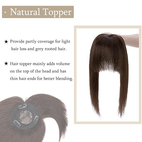 Miniatura 3 de MY-LADY Toppers para el cabello humano real para mujer, adornos de cabello humano con flequillo para mujer, 3.3 x 3.3 pulgadas, base de seda para