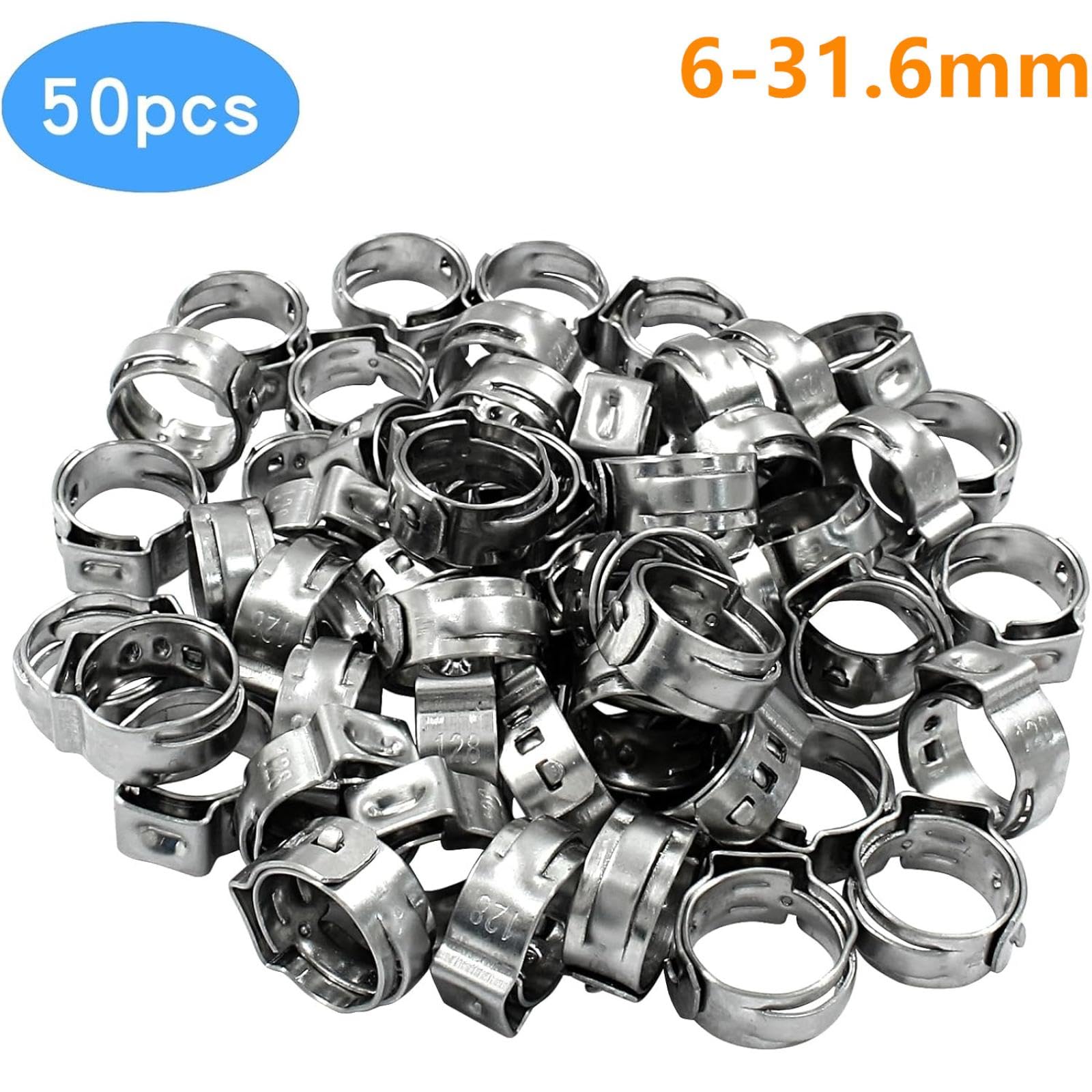 Abrazadera de manguera de una sola oreja, 6-31,6 mm, acero inoxidable 304, sin escalonamiento (50 unidades, 10,3-12,8 mm)