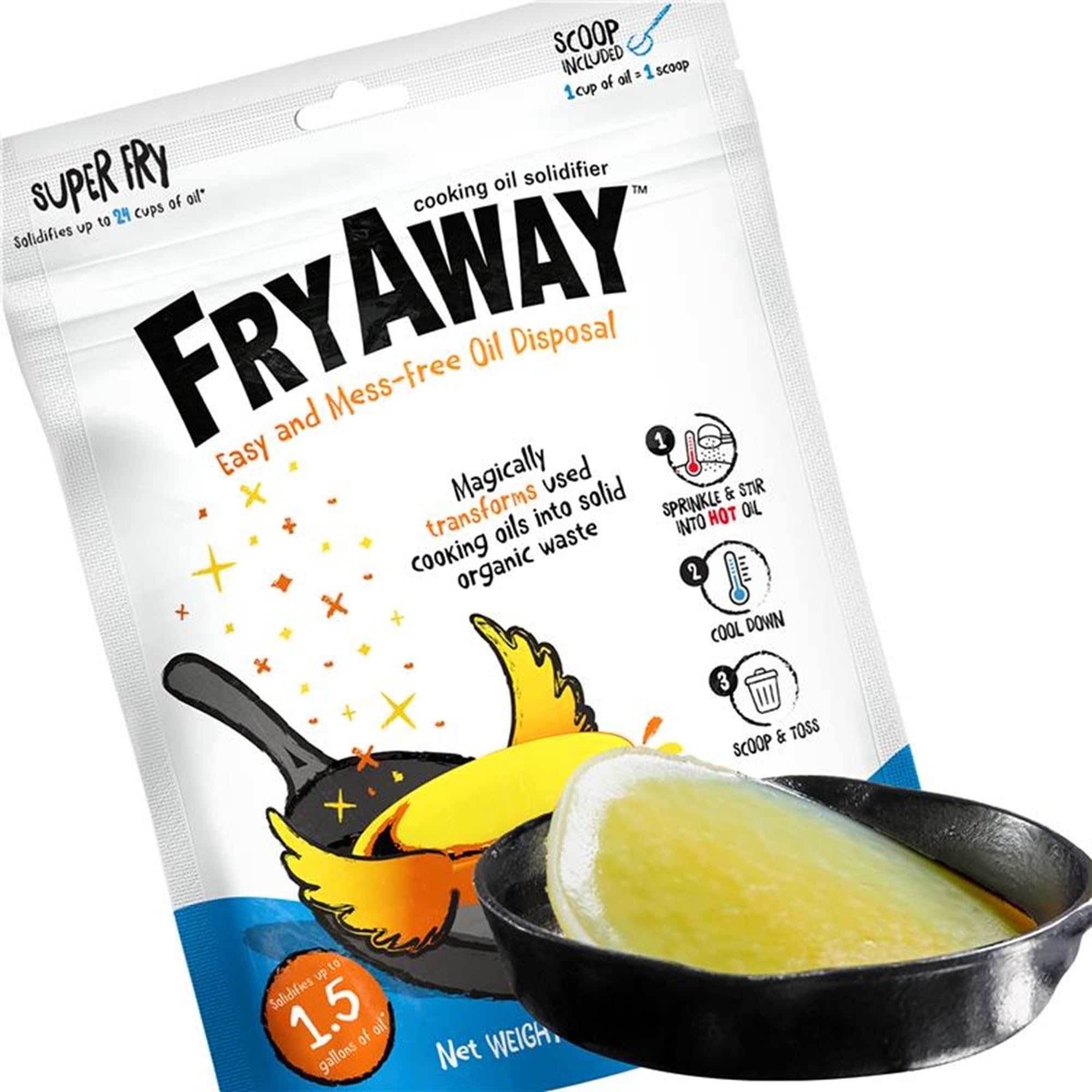 All-New! FryAway Super Fry Waste Cooking Oil Solidifier Powder, 100% Plant-Based Cooking Oil Disposal, 1 scoop = 1 cup of oil (20 uses per Package - 20 Cups/5 Liters)
