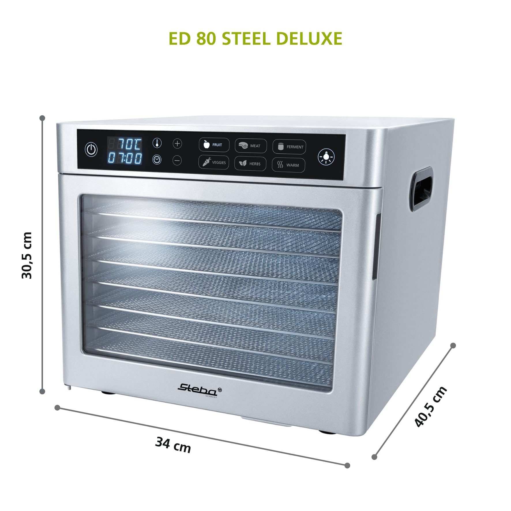 Steba ED 80 Steel Deluxe Dörrautomat | LED-Display, Langlebiger Motor, 8 Edelstahl-Gitter, Innenraumbeleuchtung, Elektronische Zeitsteuerung und Temperaturregelung