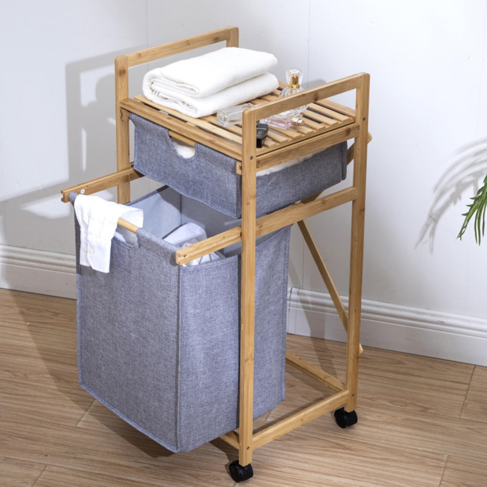 ERSINIAN Panier à linge en bambou à roulettes, avec sac intérieur amovible, facile à déplacer pour salles de bain, chambres, résidences étudiantes et buanderies - Solution de rangement idéale