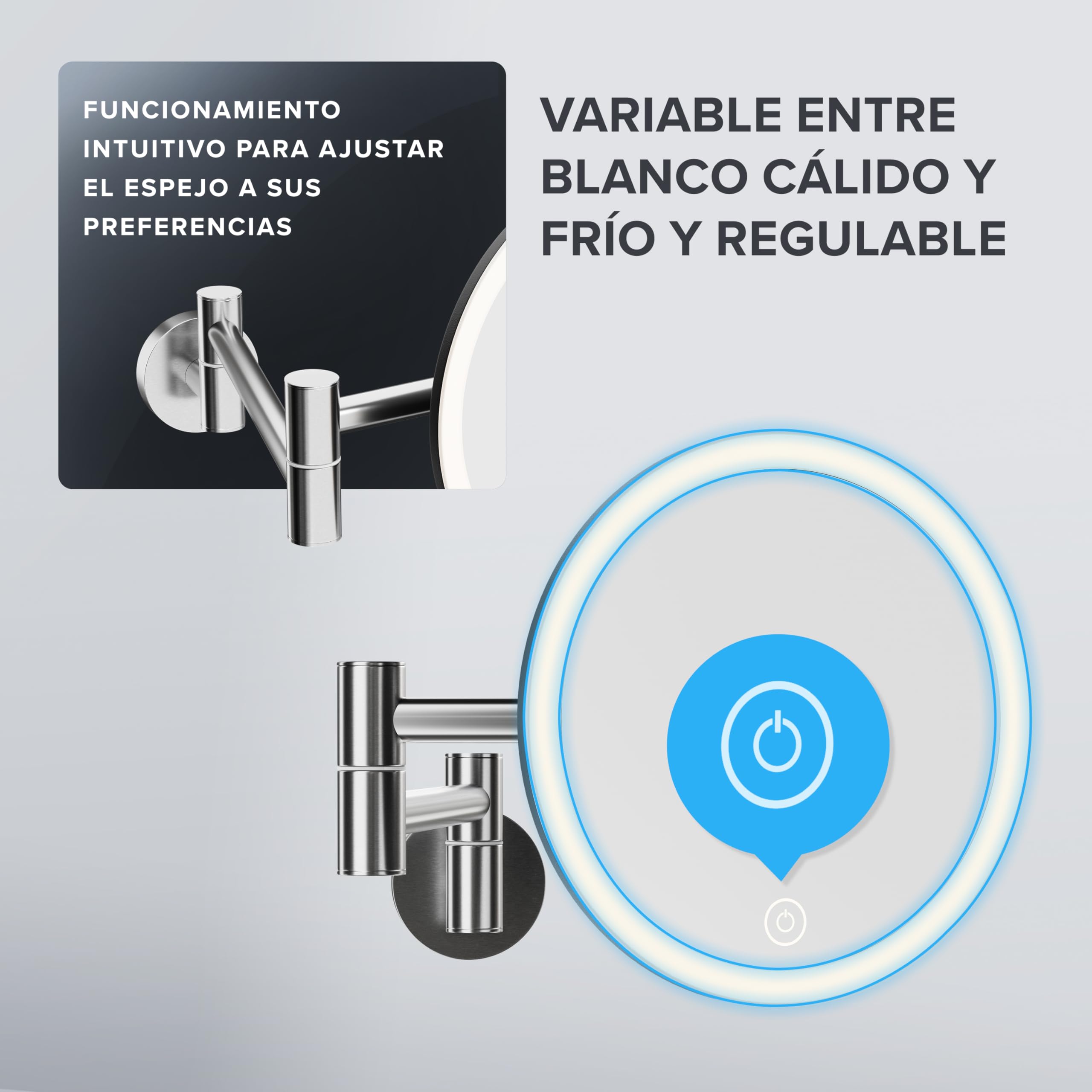 ovimar Vorupor - Espejo de maquillaje (360 grados, con iluminación, recargable, montaje en pared para taladrar, para baño, 5 aumentos, con luz)