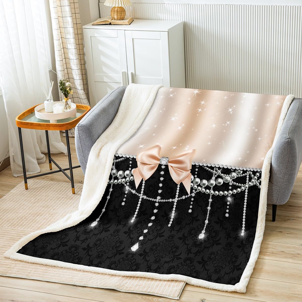 Blue Bowknot Fleece Blanket,Gray Boho Floral Blue Black Bed Blanket for Kids Teens,Glitter Diamond Pearl Starry Sequins Princess Flannel Blanket for Room Decor,Queen 90"x90"