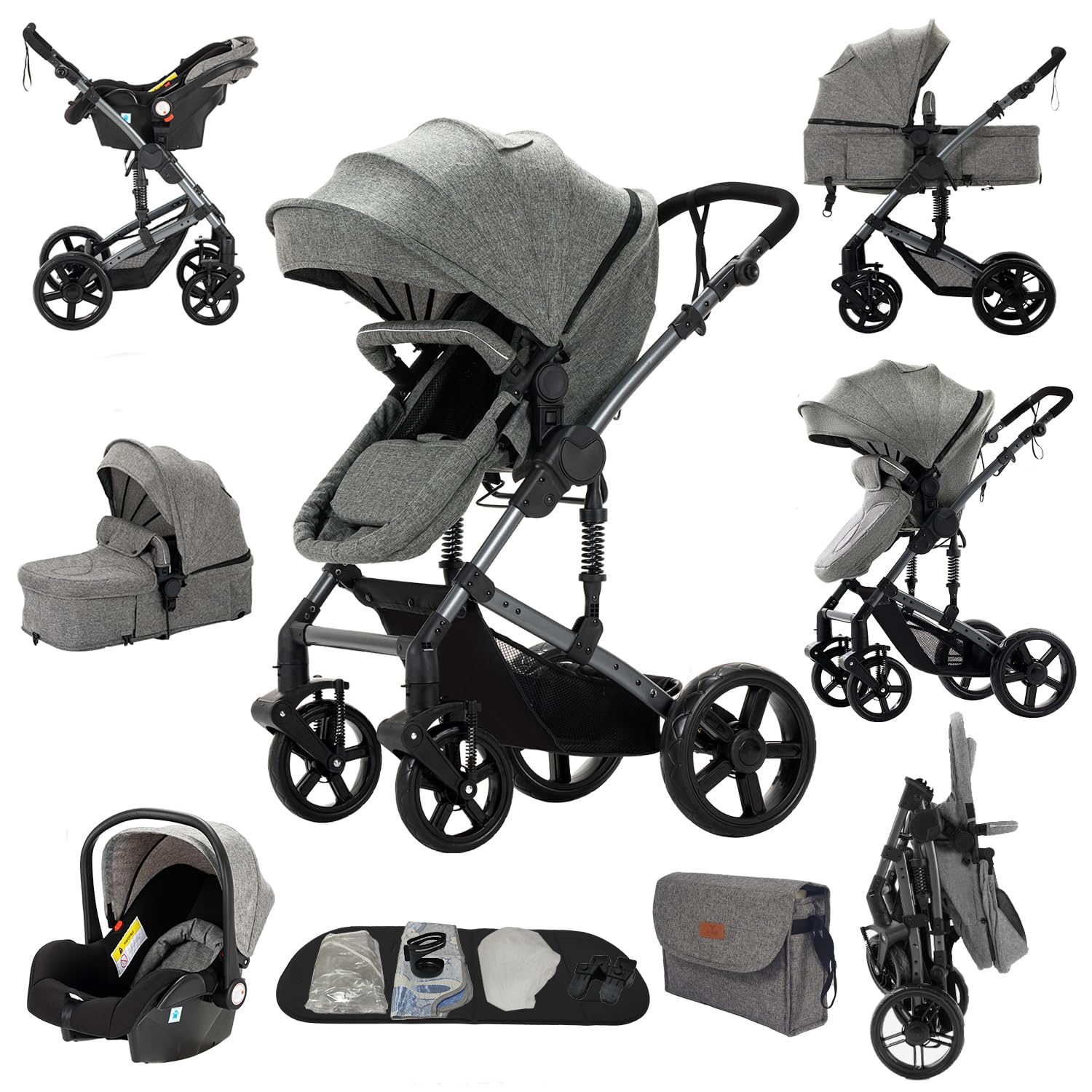 Cochecito 3 en 1, CochIT de Viaje Reclinable y Reversible, Carricoche Carro 3 Piezas Plegable con Un Solo Clic, Carrito con AccITorios Completos y Frenos DoblIT (588 Grey)