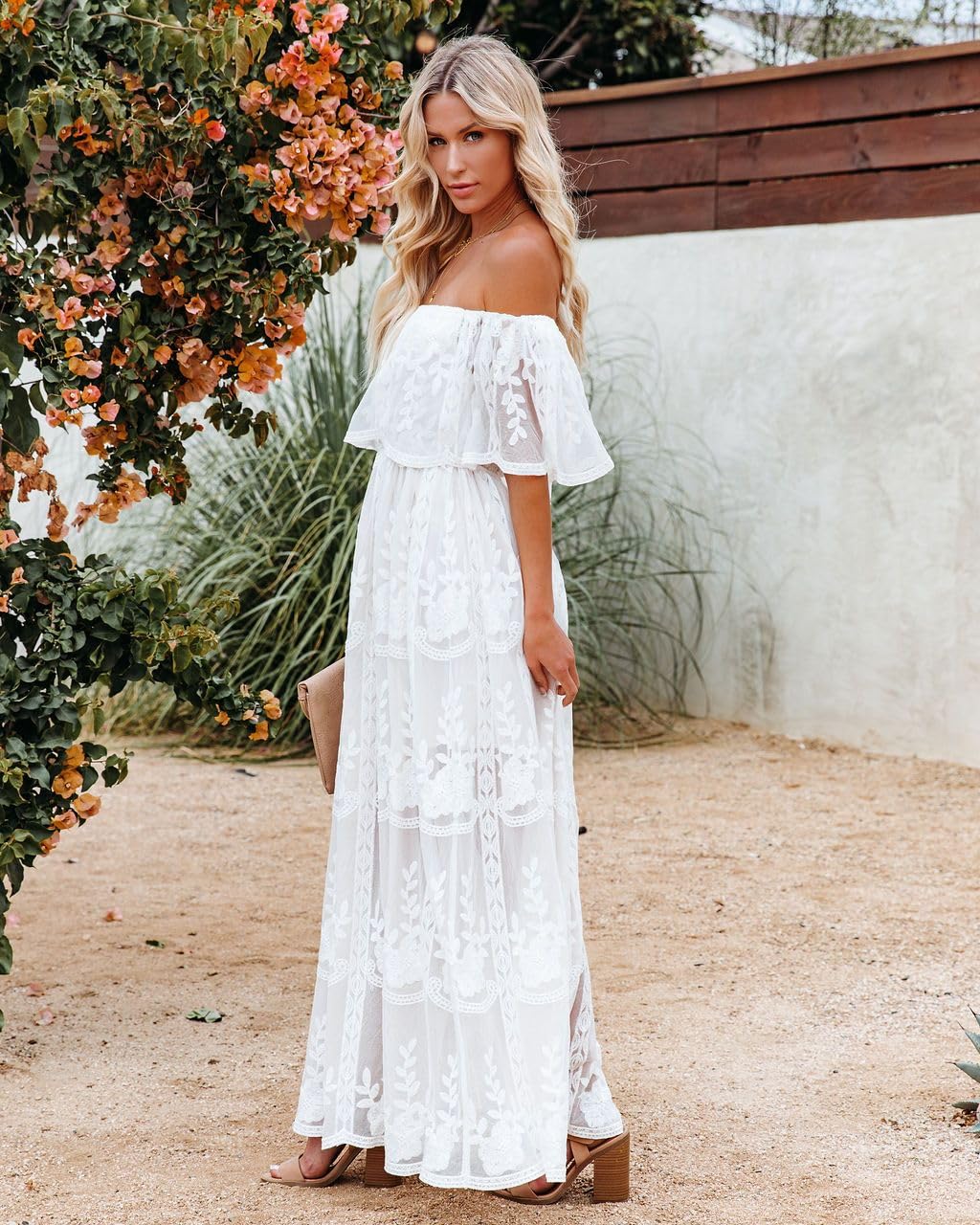 MERMAID'S CLOSET Maxi abito da donna con spalle scoperte in pizzo floreale Boho Flowy Wedding Guest formale abiti lunghi primavera