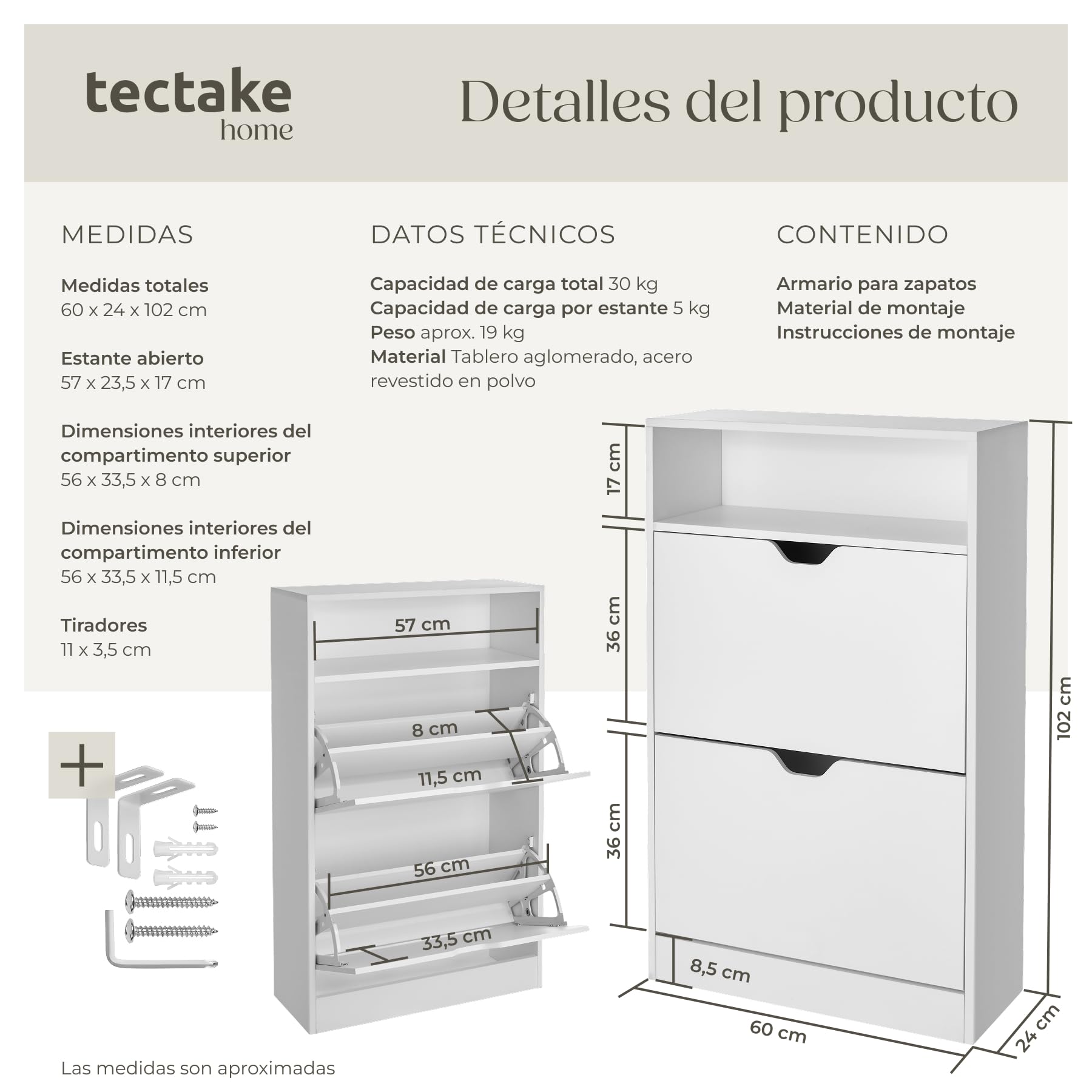 tectake® Moderno Zapatero con 2 Cajones Abatibles y 4 Niveles, Capacidad 12 Pares de Zapatos, 60x24x102 cm Estanteria Abierta, Antivuelco, Montaje Sencillo, Organizador, Estrecho - Blanco