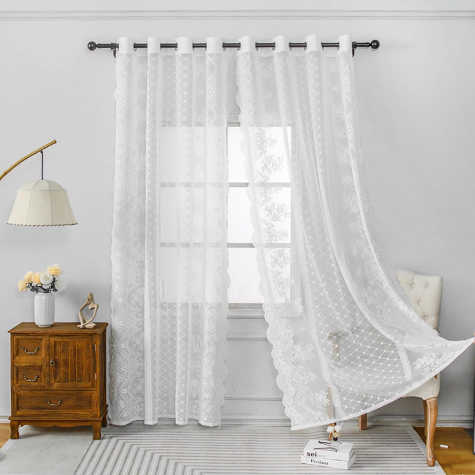 Francuska koronka haftowane zasłony na przelotkach, biała moskitiera na drzwi, 140 x 240 cm, zestaw 2 eleganckich prześwitujących zasłon okiennych, do dekoracji domu
