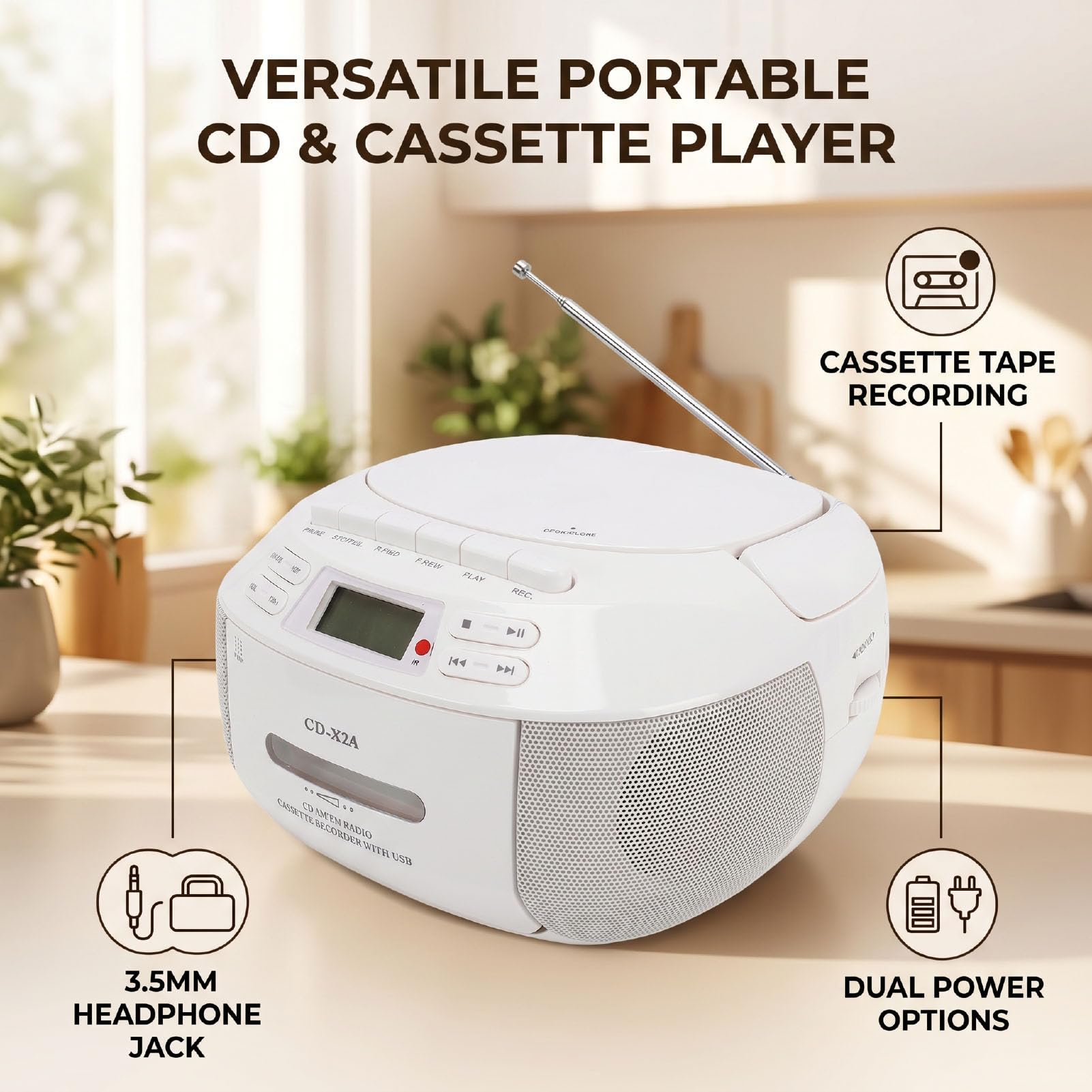 Sxhlseller Przenośny Odtwarzacz Kasetowy CD z Bluetooth, AM FM, USB i AUX (wtyczka UE)