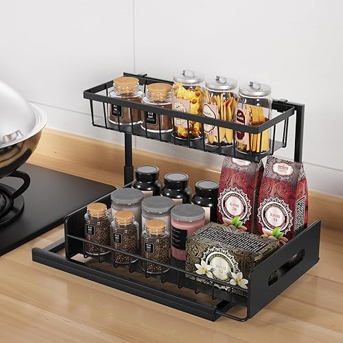 Miniatura 4 de Organizadores y almacenamiento para debajo del fregadero, 2 niveles deslizantes con cajones extraíbles, almacenamiento debajo del fregadero para