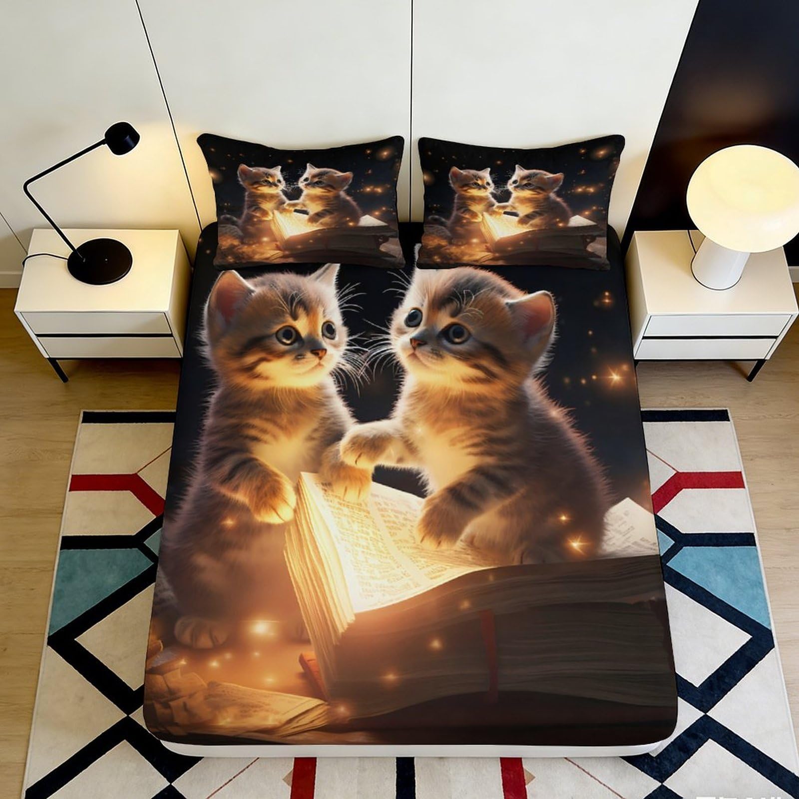 3D Printed Cute Kitten Fitted Sheet Microfiber Soft Anti-Slip Cat Light Bed Sheet for Bedroom Guestroom Decor 90x200x25cm