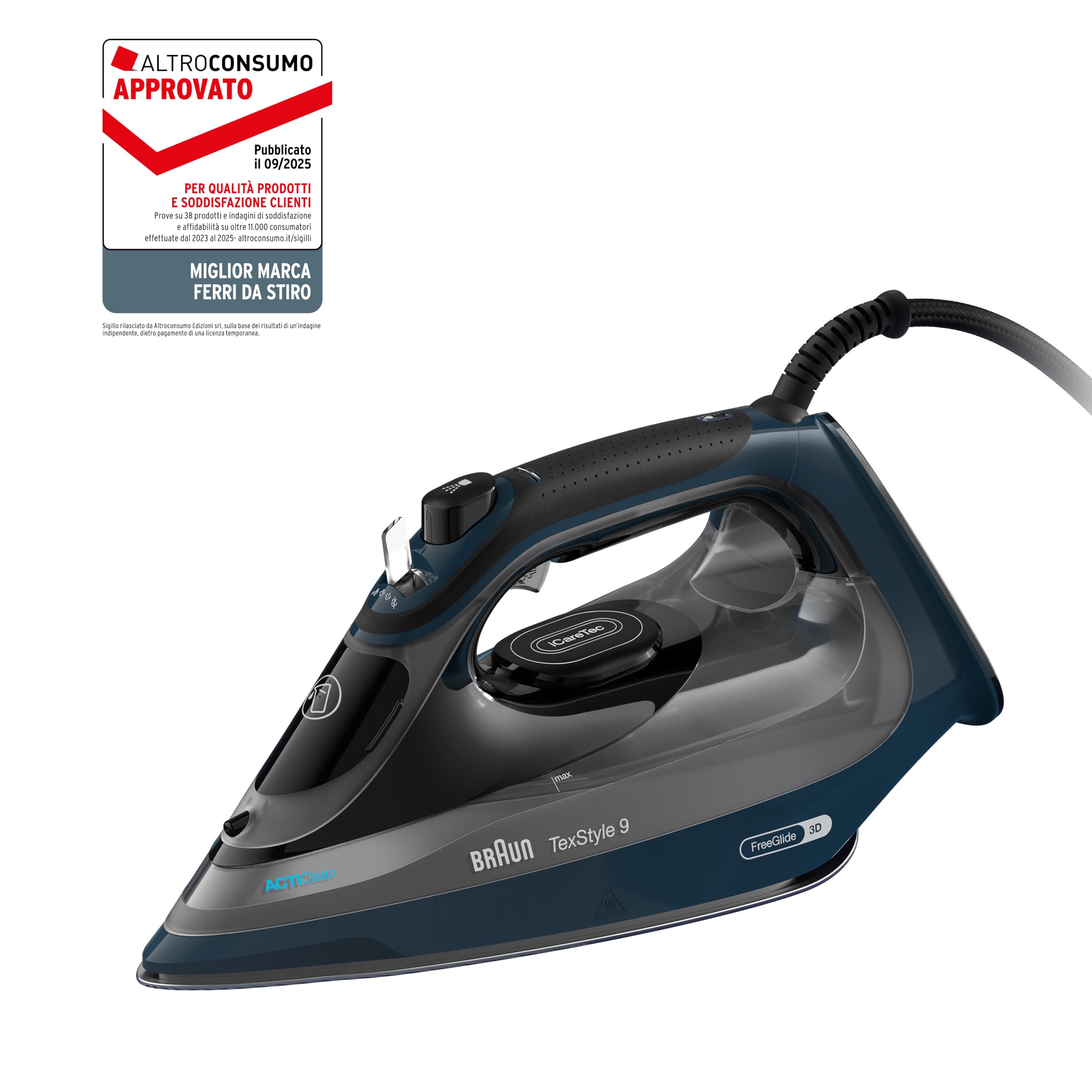 Braun TexStyle 9 SI9682DB Ferro da Stiro a vapore con 5 Anni di Assistenza, Colpo Vapore 260g/min, Modalità ECOMODE Risparmio Energetico, Piastra Freeglide 3D Eloxalplus, Serbatoio 330ml, Blu