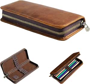 Leather Pencil Case Organizer 10 Slots, Portable Pouch for Fountain Pen, Brown