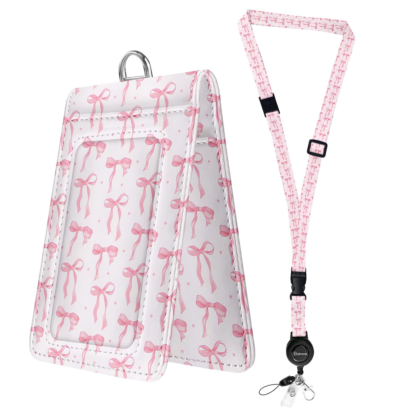 bolimoss Cute Pink Bow Lanyards for ID Badges，Leather Badges Holder with Double Sided Windows, ID Name Badge Card Holder with Quick-Release Buckles & Adjustable Retractable Breakaway Neck Lanyards — image 1