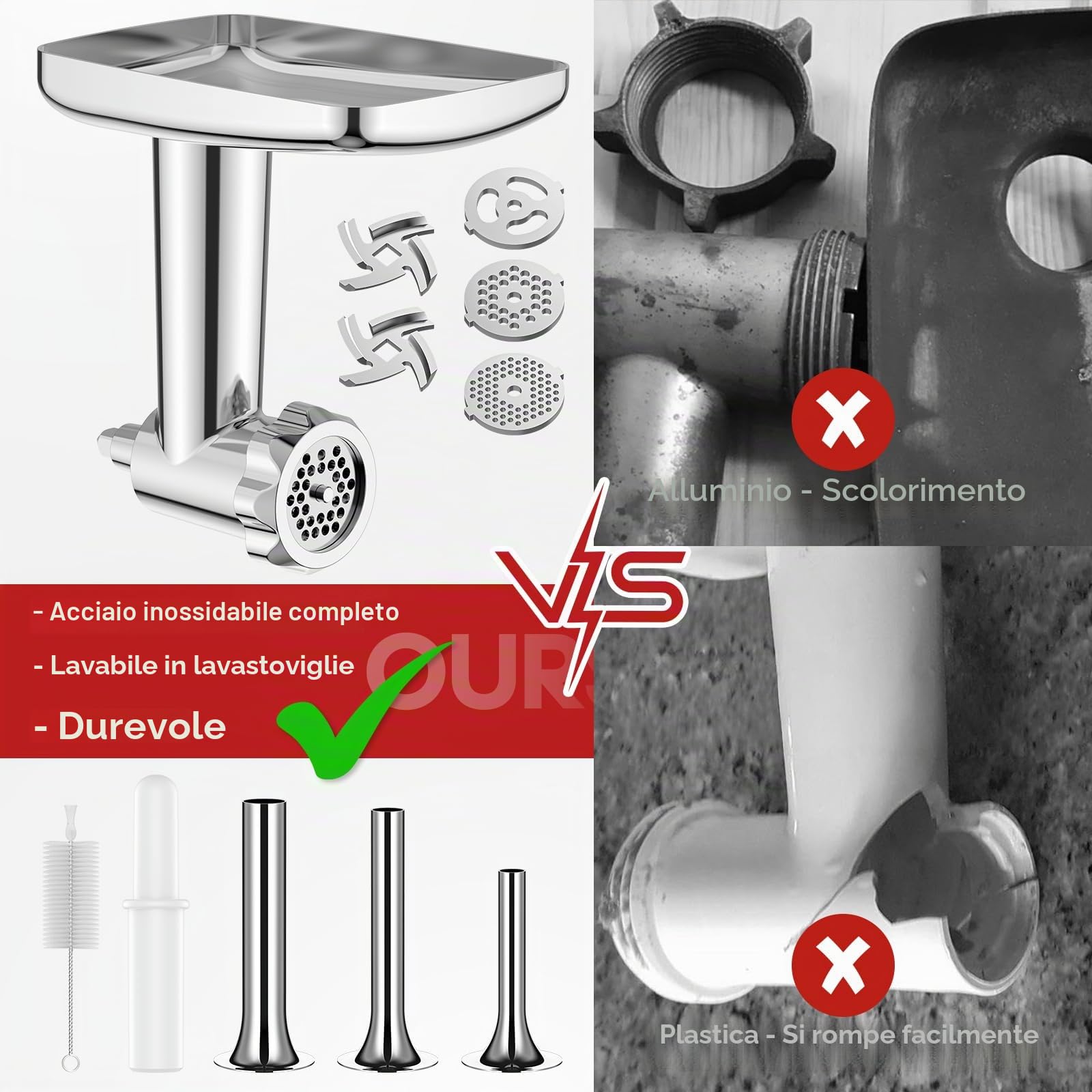 GVODE Accessorio Tritacarne per KitchenAid, Incluso Riempimento Salsicce, Perfetto Accessorio Tritacarne in Acciaio Inox per KitchenAid