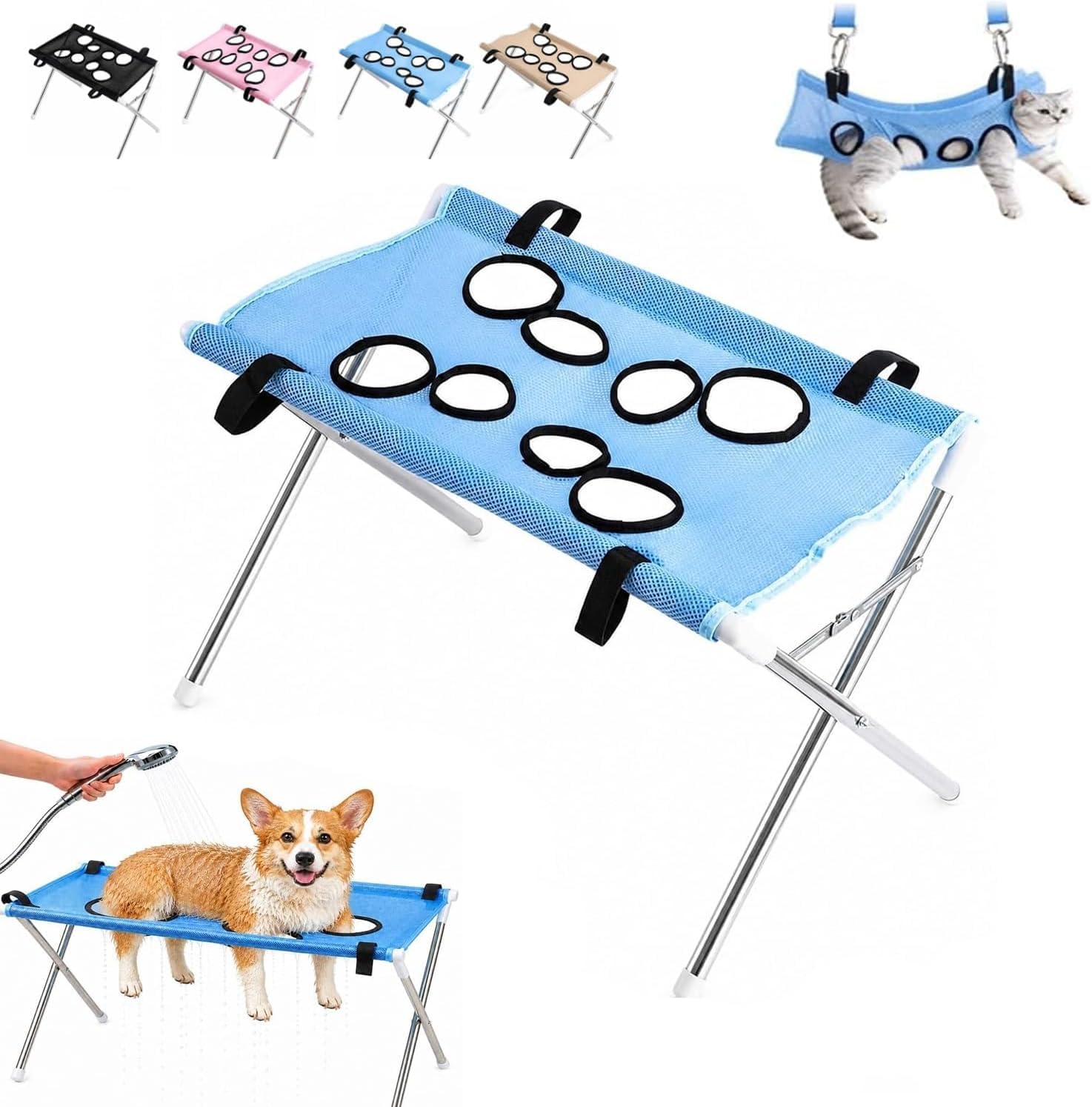 Dog Grooming Hammock Pet Bath Stand Cat Bathing Stand for Small/Medium Dogs and Cats, Mesh Bath Support for Nail Trimming, Bathing, Grooming & Pet Care，Blue