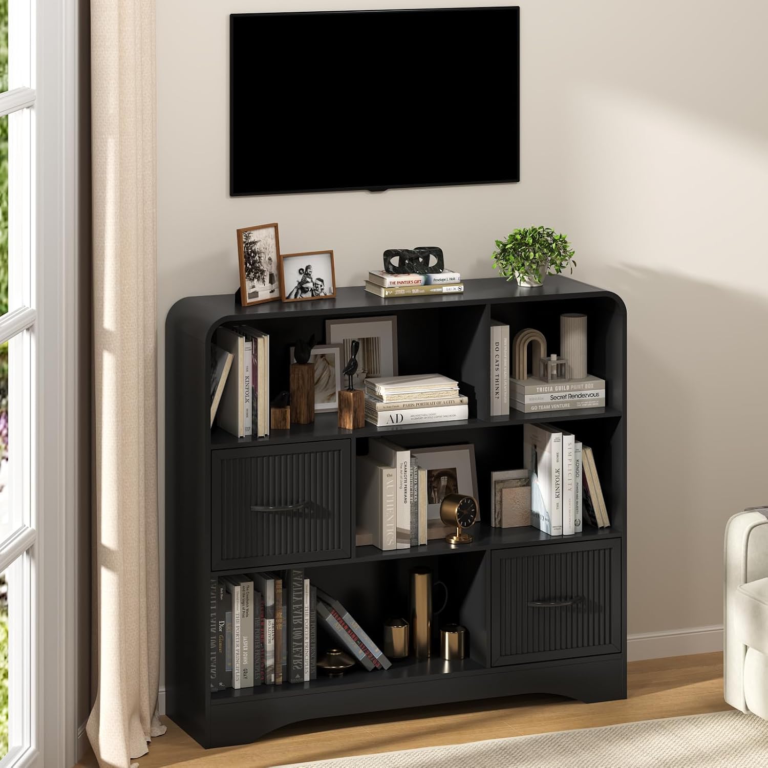 Toy Storage Organizer, 6-Cube Toy Organizer with 2 Fabric Bins, Large Toy Storage Cabinet, Toy Chest Storage for Playroom, Kids Room Nursery, Black